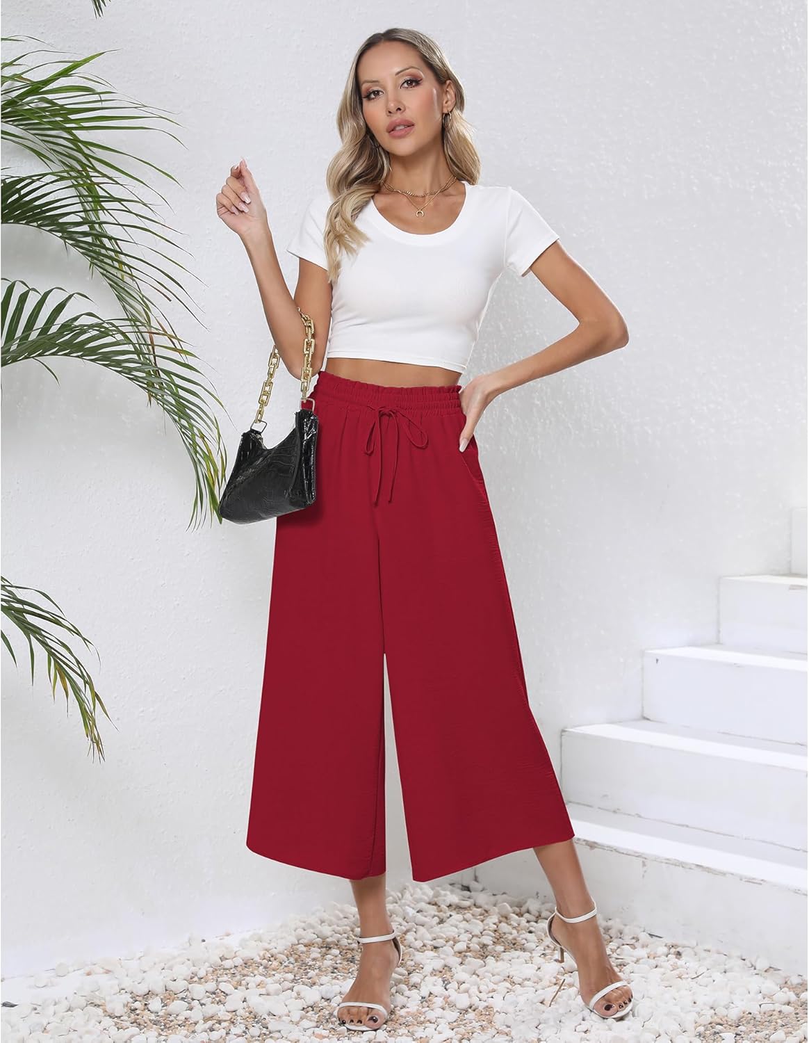 CZYINXIAN Womens Flowy Wide Leg Pants Casual Summer Beach Elastic Waist Trousers Trendy Business Work Pants with Pockets - Image 4