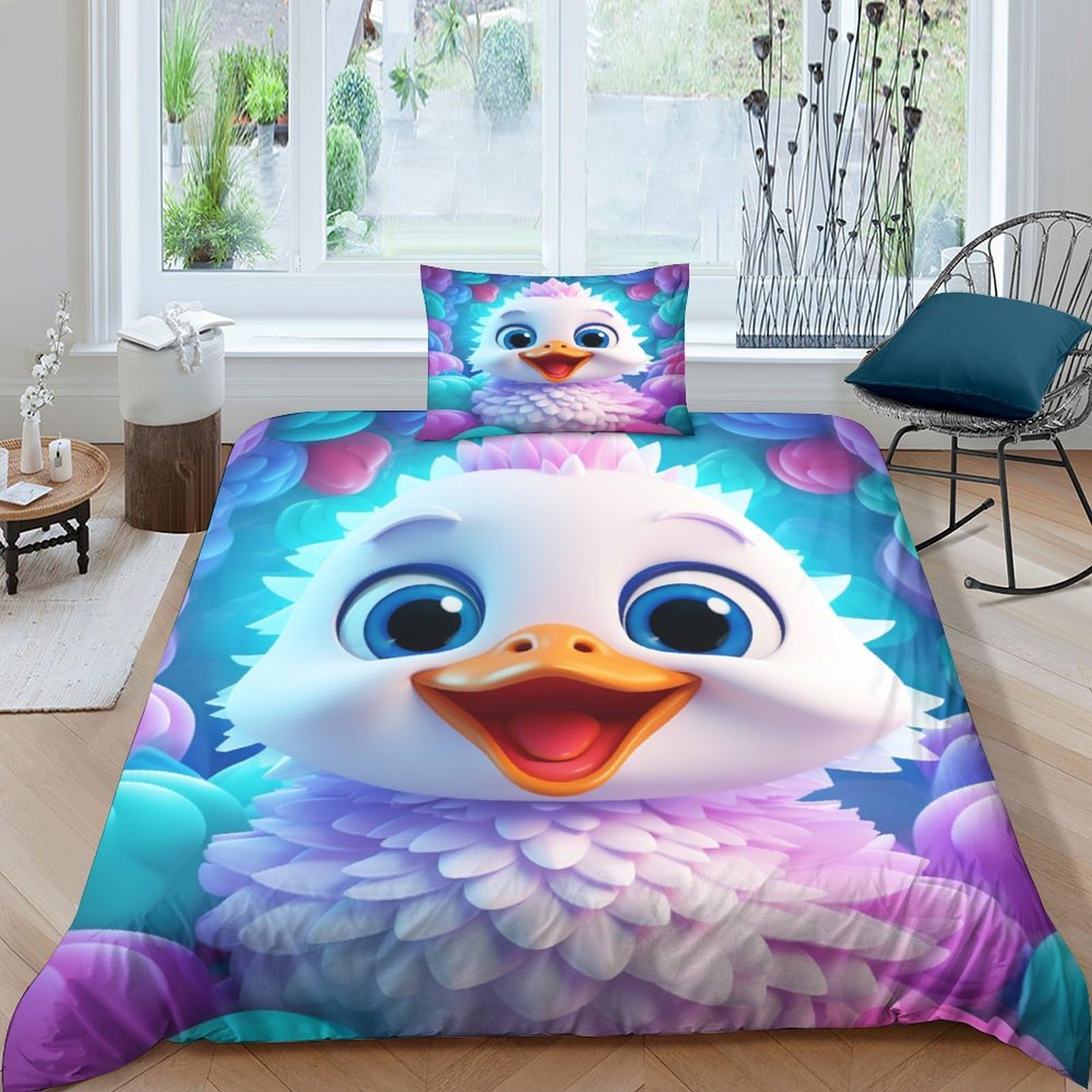 Parure de lit oiseau mignon 135x200 housse couette 3D imprimé coloré particules microfibre