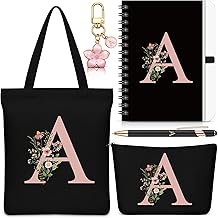 Talltalk 5 Pcs Personalized Women Gifts,Initial Tote Bag,Makeup Bag,Keyring,Notebook,Ballpoint,Black Alphabet Gifts for Women