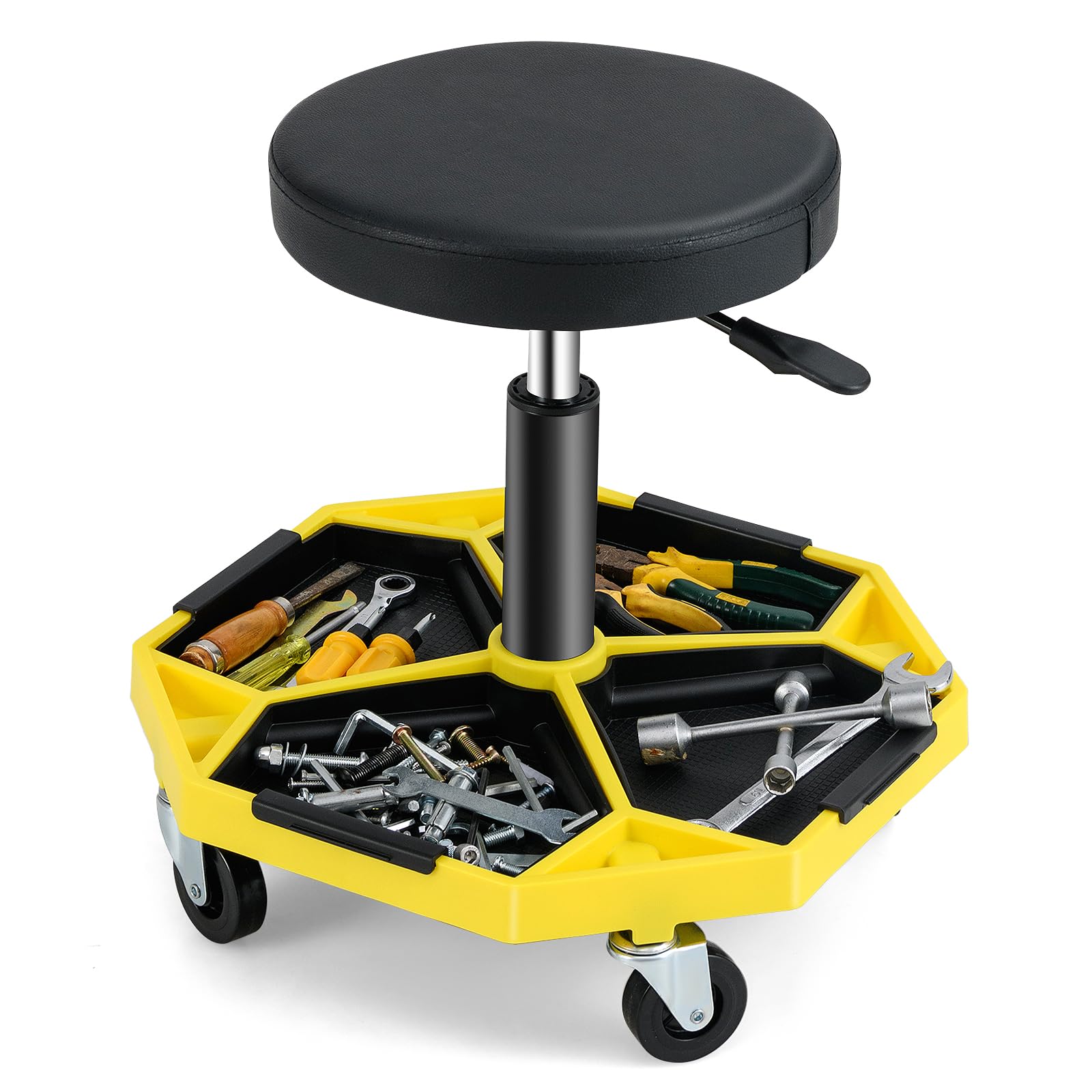 GOPLUS Taburete de Mecánico con 4 Ruedas, Taburete de Taller con Bandeja de Herramientas, Carga 150 kg, 50,5 x 50,5 x 41-55 cm, Ajustable, Asiento Mantenimiento para Coches Garaje (Negro + Amarillo)