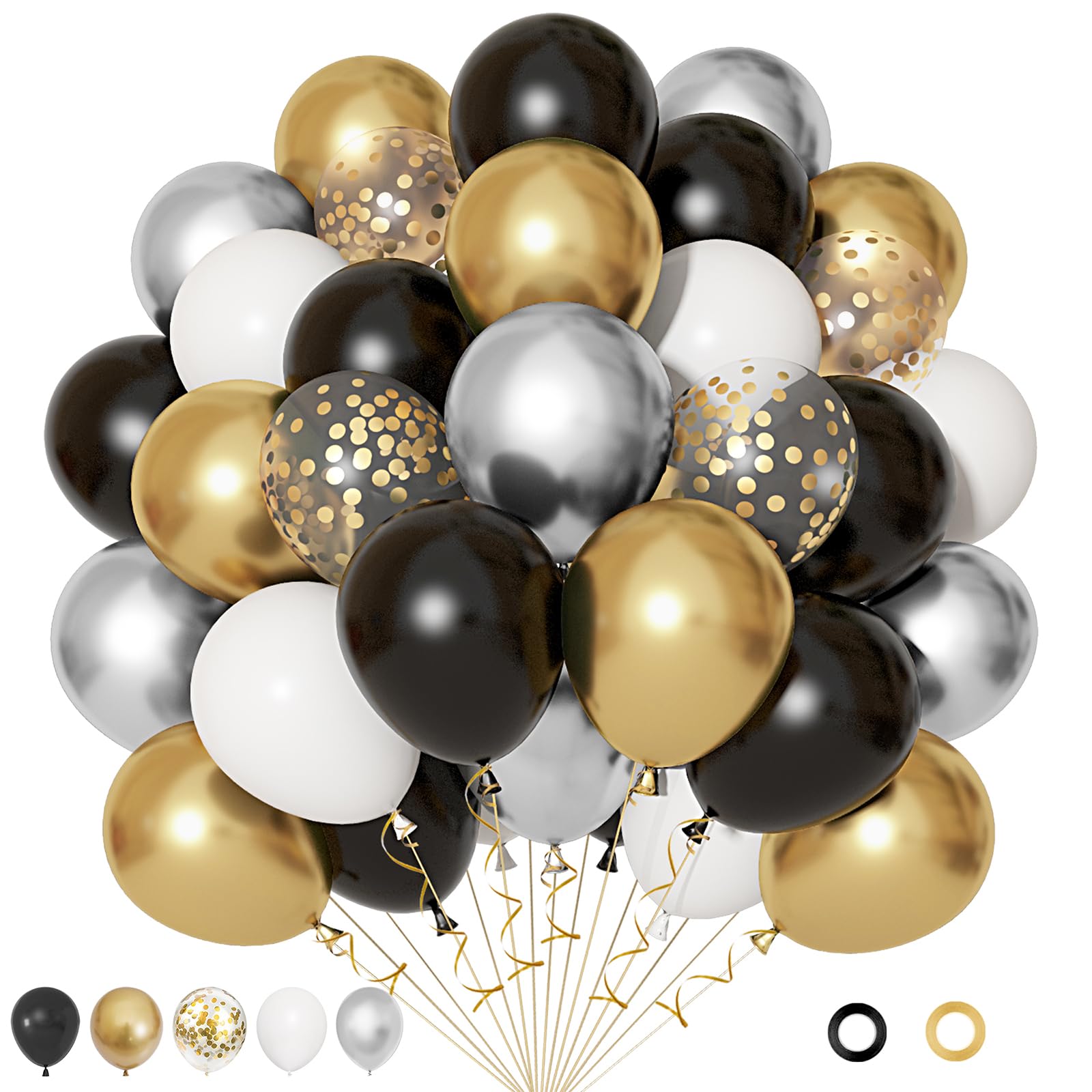 72Pcs Black and Gold Balloons Set, New Year Party Decorations 12 Inch Black and Silver Metallic Confetti Balloons for Happy New Year Birthday Bridal