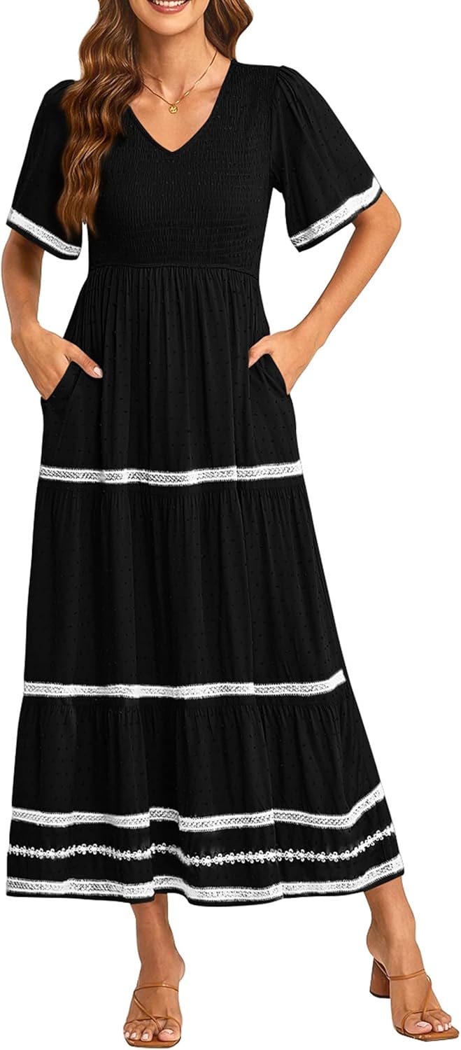 PRETTYGARDEN Women’s Casual Summer Maxi Dress Short Sleeve Swiss Dot V Neck Smocked Long Flowy Beach Dresses