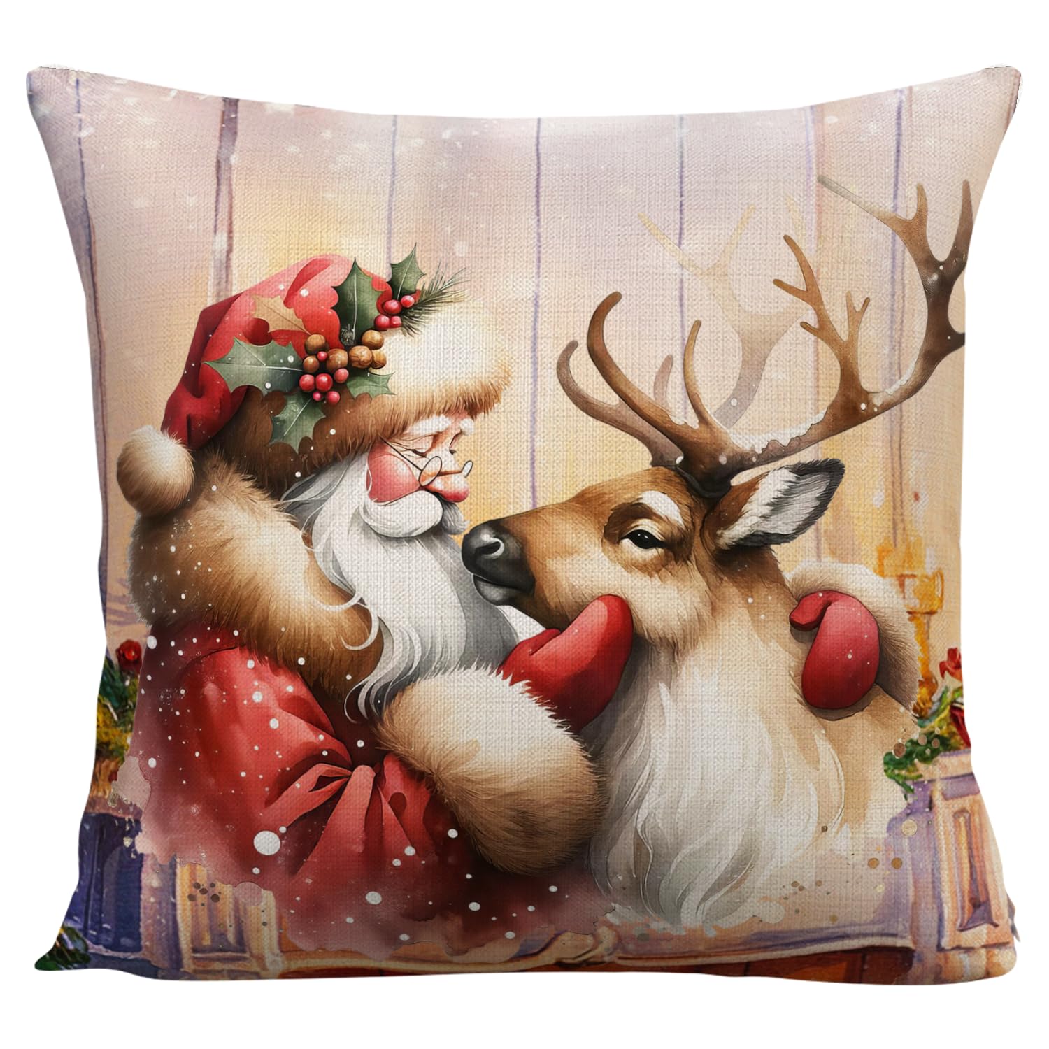 Elegant Santa Claus Pillow Cover for Living Room Santa and Reindeer Throw Pillow Case for Bedroom Christmas Pillowcase for Sofa Bed Couch, Cotton