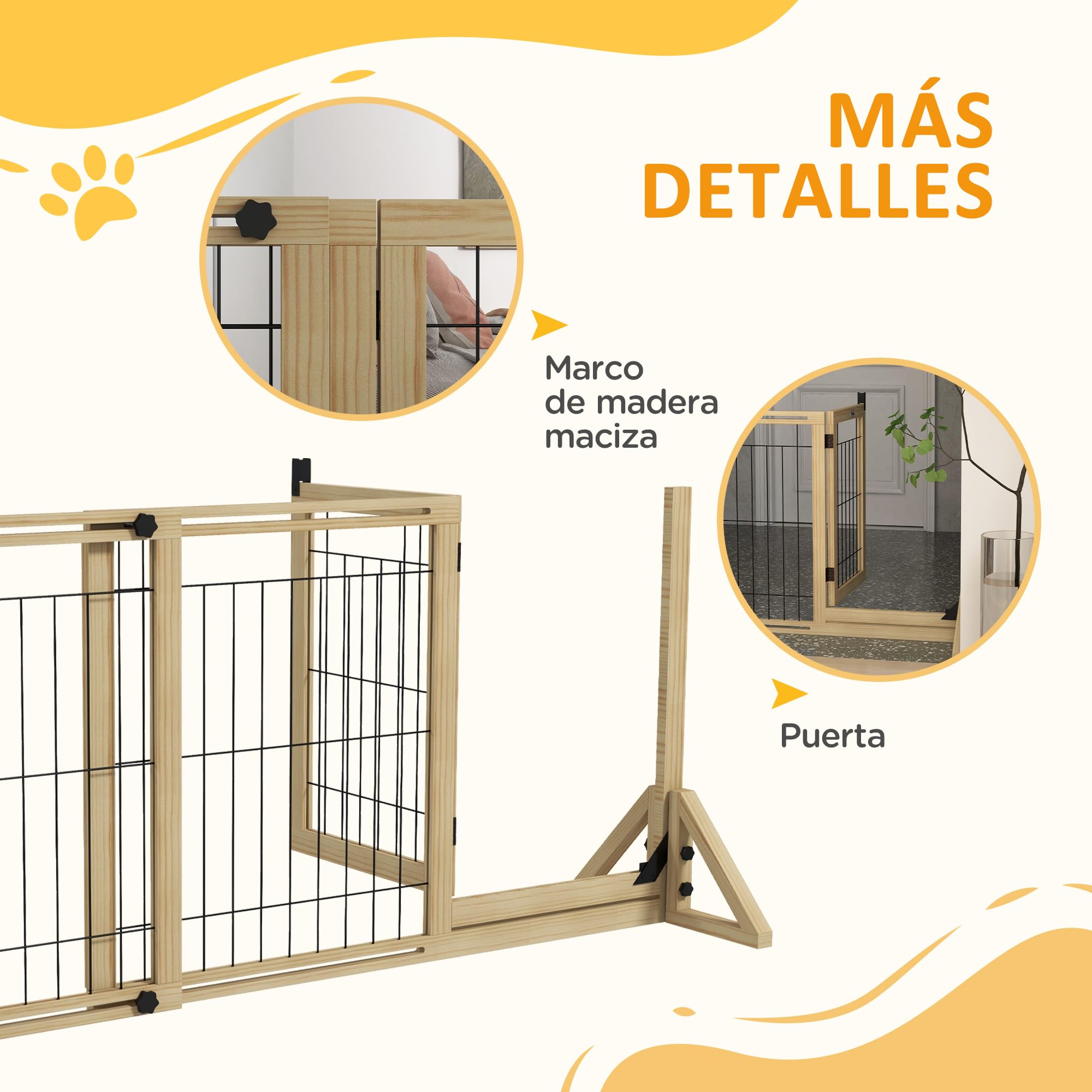 PawHut Barrera para Perros de Madera 112-159x70 cm Valla para Mascotas Extensible de 2 Paneles con Patas de Apoyo Triangulares para Puerta Pasillo Escalera Natural