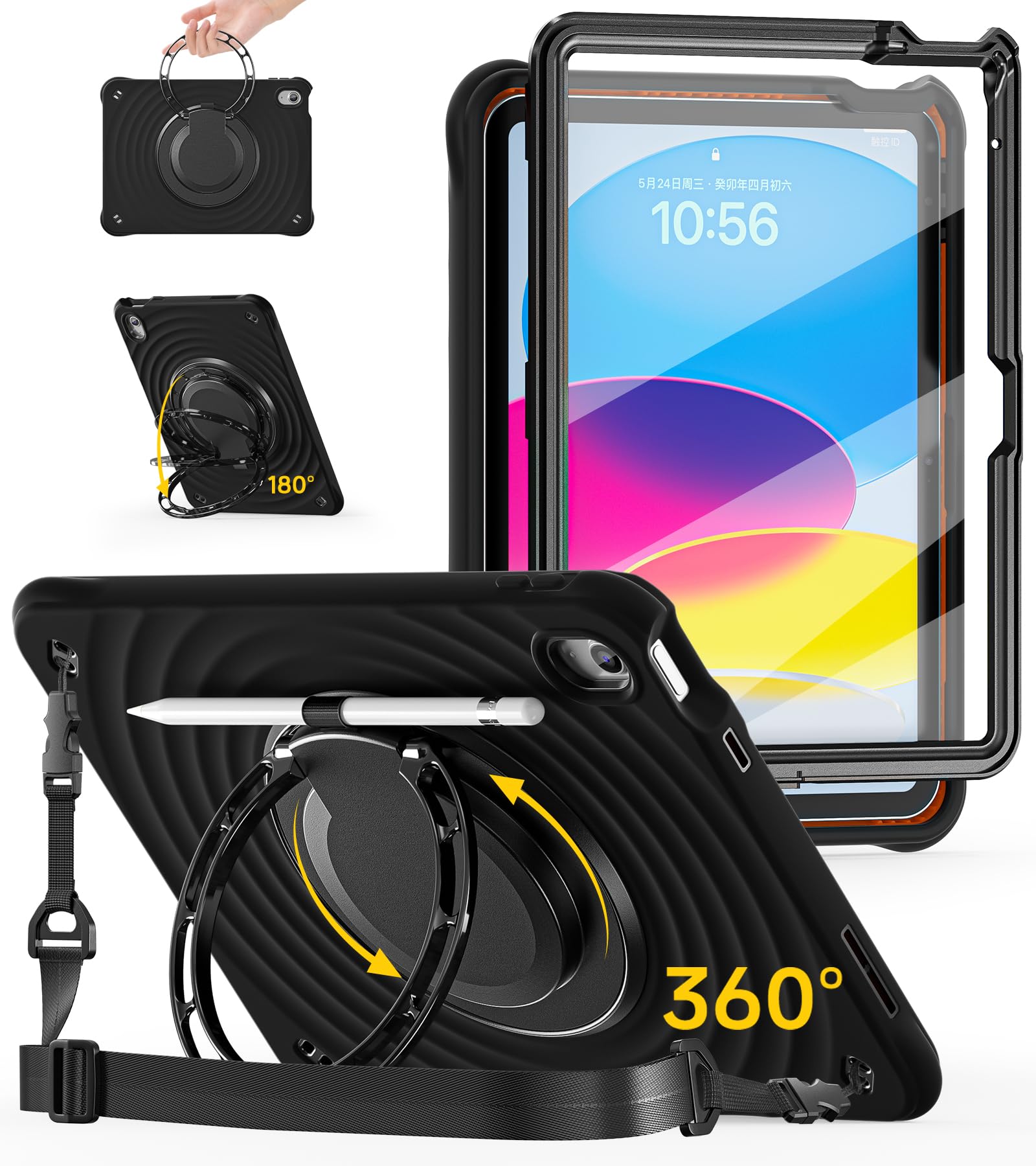 BRAECN Ripple Étui pour iPad (A16) 11e/10e génération 11/11" 2025/2022 en alliage de zinc avec anneau de protection d'écran rotatif à 360°, bandoulière pliable à 180°, coque intégrale