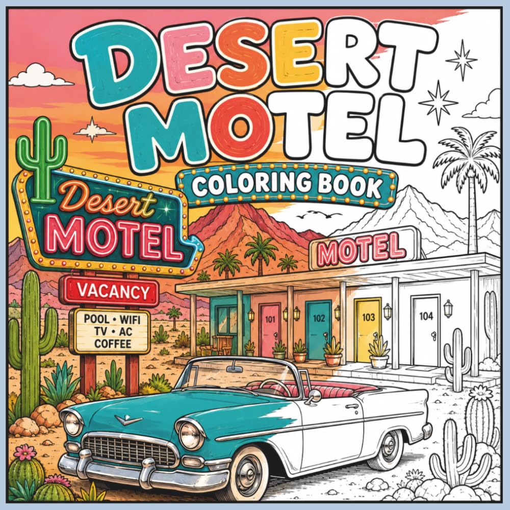 Desert Motel Coloring Book for Adults & Kids: 27 Retro Roadside Coloring Pages Featuring Vintage Motels, Neon Signs, Classic Cars, Desert Landscapes & Route 66 Inspired Scenes
