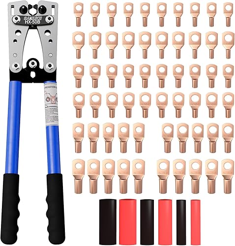Sanuke Kit de herramientas de engaste de cable de batería para crimpadora eléctrica AWG 8-10 con 60 terminales de alambre y tubo termorretráctil