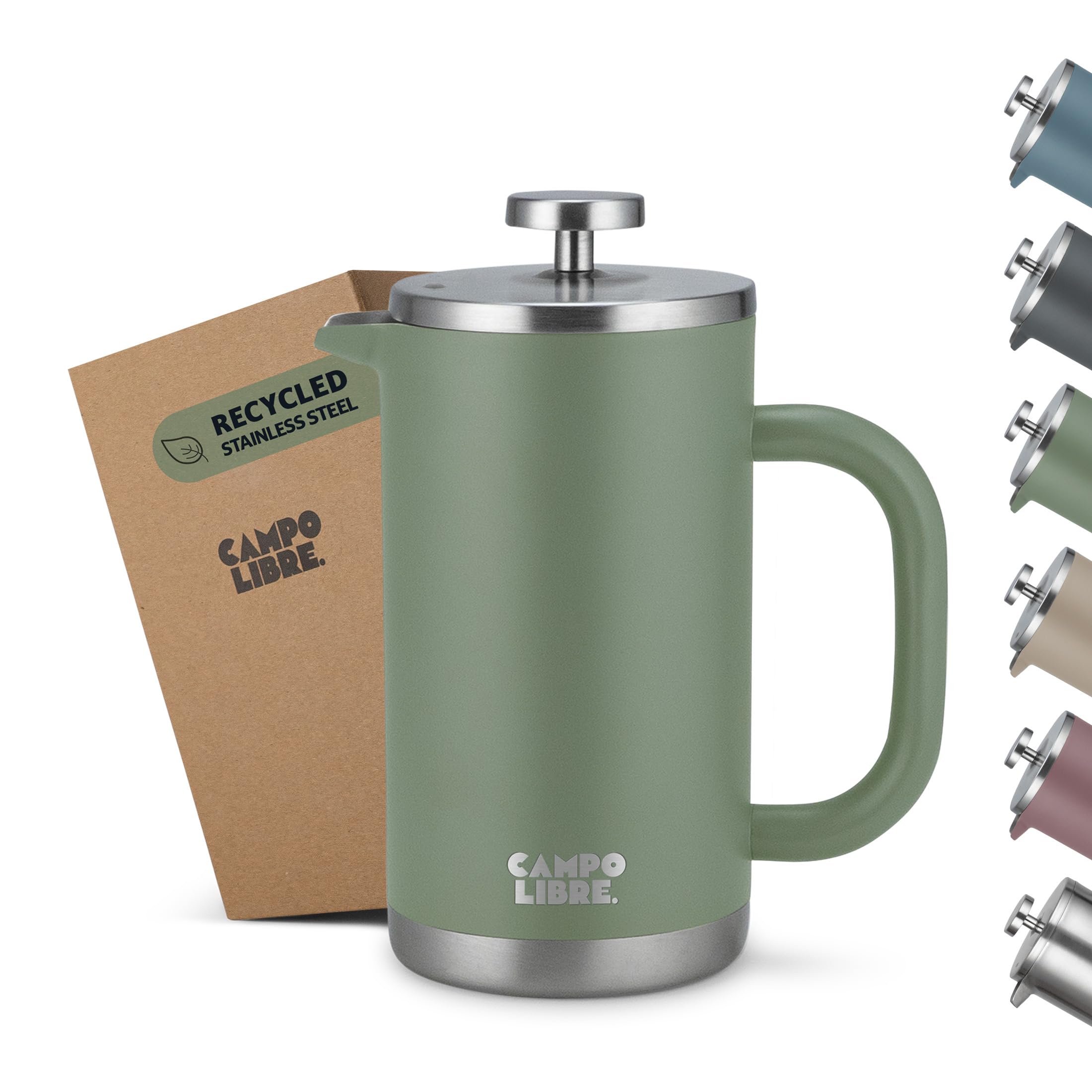 Campo Libre.® Giorgio. French Press, Coffee Press – 600ml Stainless Steel Cafetiere, Double-Wall Insulated, Plastic-Free, Thermal Coffee Maker with Spare Filter – Dishwasher safe - Recycled Steel.