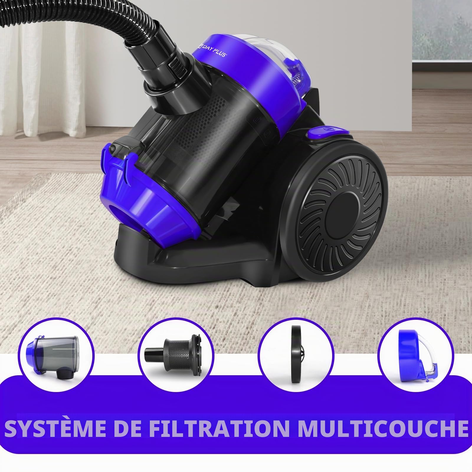 Aspirateur sans sac 1500 W Aspirateur sans sac 25 kPa, silencieux, avec filtre HEPA, bac à poussière de 1,5 l, compact et léger, pour tapis, sols durs, poils d'animaux