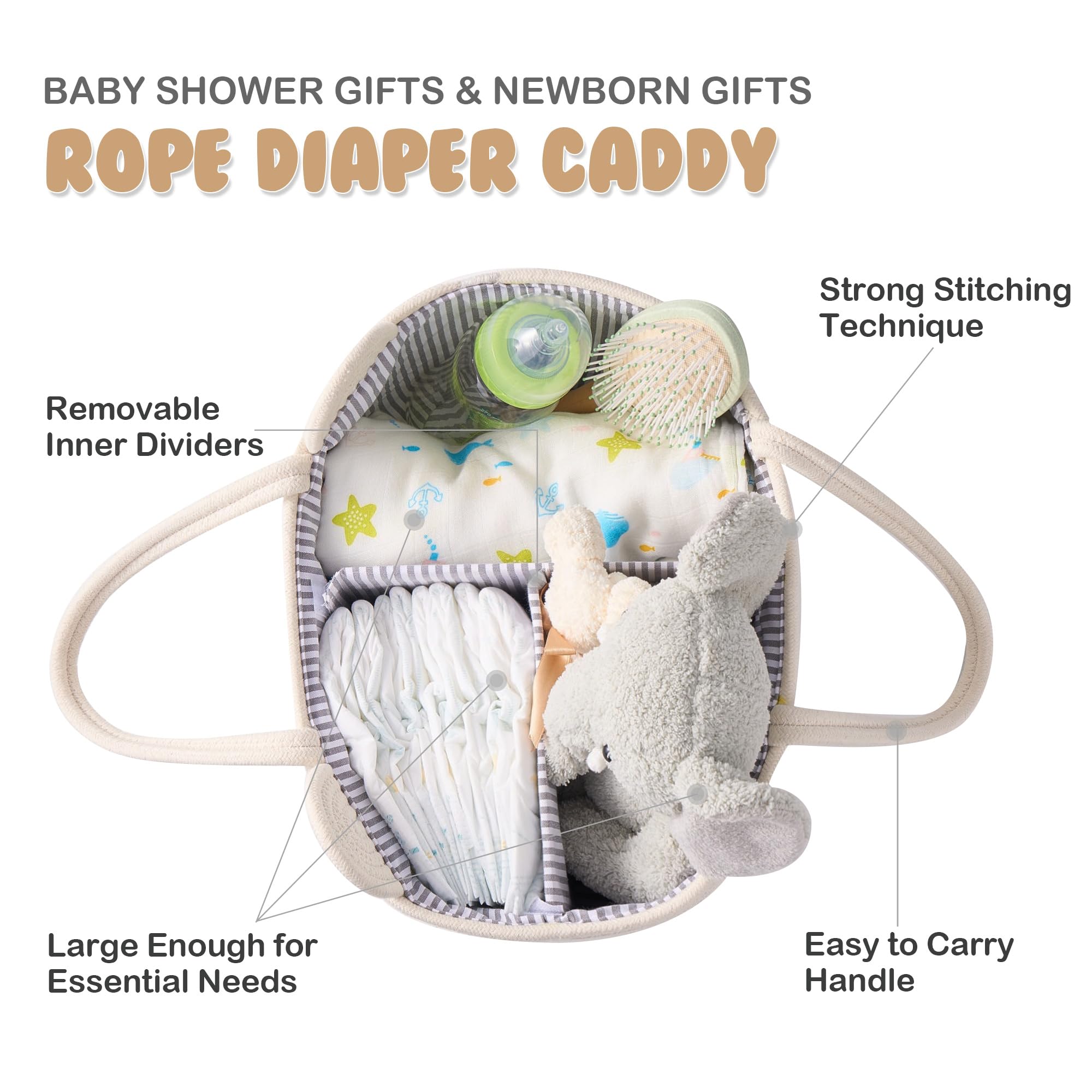 Panier à Couches Bébé YeaYee - 3 Compartiments En Toile De Coton | Rangement Portable