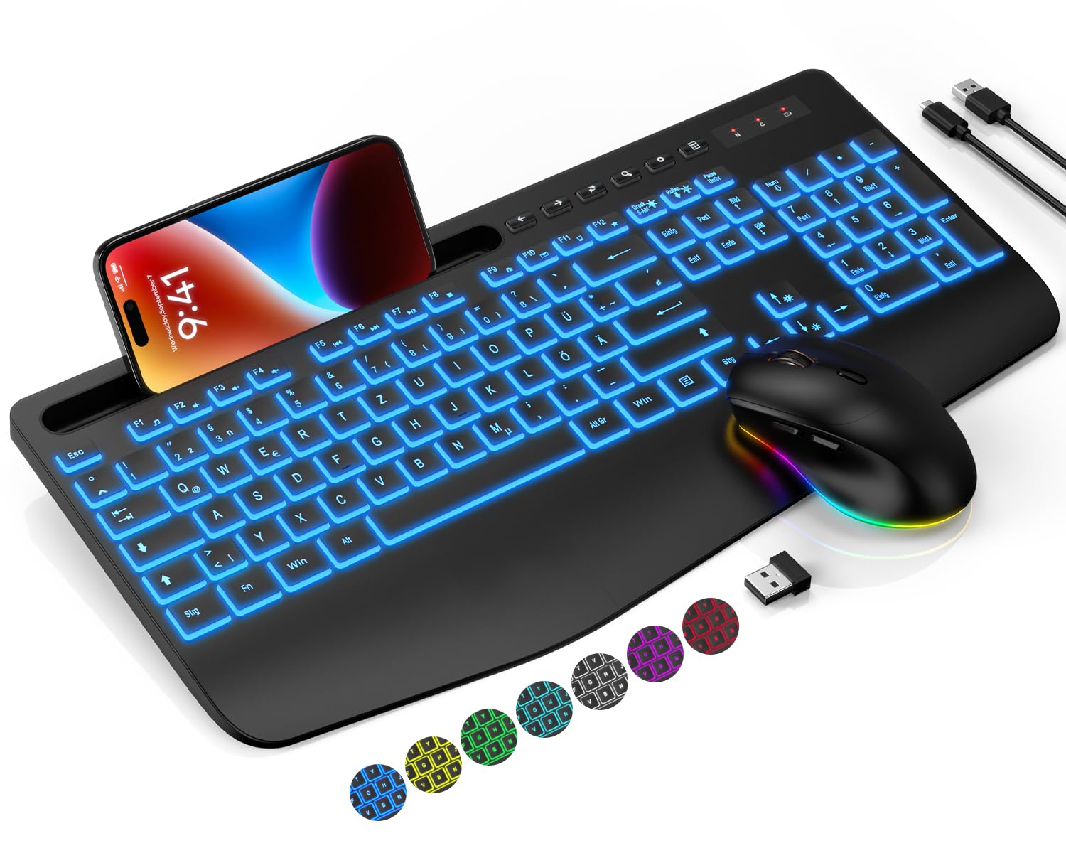 BlueFinger Tastiera wireless e mouse combinata retroilluminata, tastiera da gioco ergonomica ricaricabile da 2,4 G con poggiapolsi, supporto per telefono, manopola del volume, tastiera silenziosa con