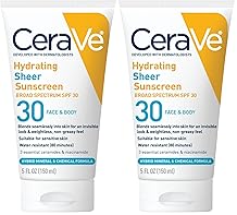 CeraVe Hydrating Sheer Sunscreen with SPF 30 for Face and Body,Mineral&Chemical Sunscreen for Men&Women with Zinc Oxide,Hyaluronic Acid and Ceramides,Paraben-Free + Fragrance-Free,5 Ounces,Pack of 2