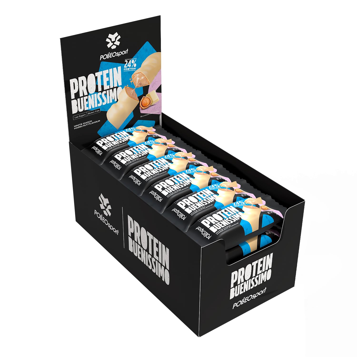 Polleo Protein Buenissimo, Proteinriegel, 23% Eiweiß, zuckerfrei, glutenfrei, 183 Kalorien pro Packung (24 x 40 g, White Chocolate)