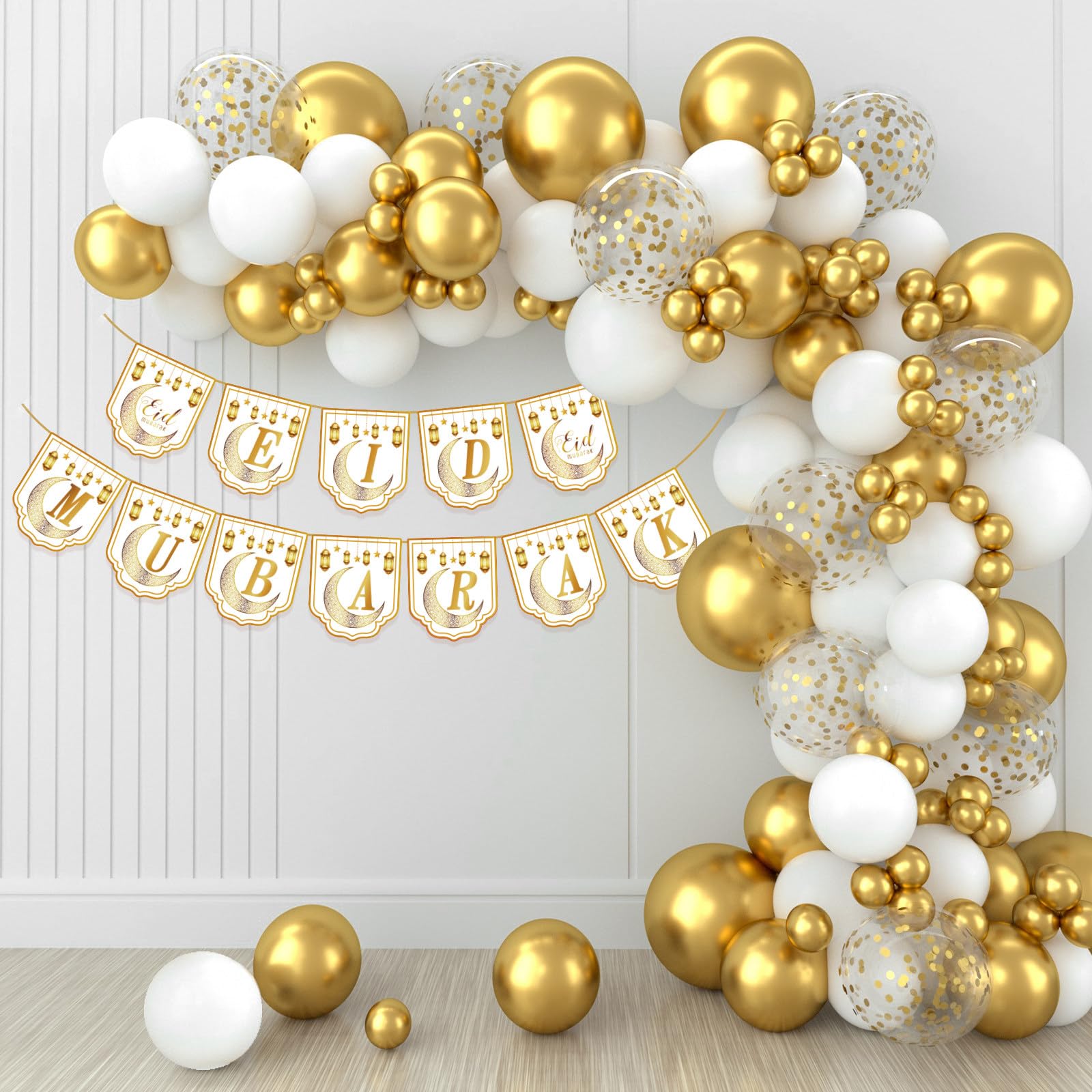 Eid Mubarak Balloons Decorations for Home 2026-80PCS White Gold Ramadan Balloons with Eid Mubarak Banner Bunting - Image 3