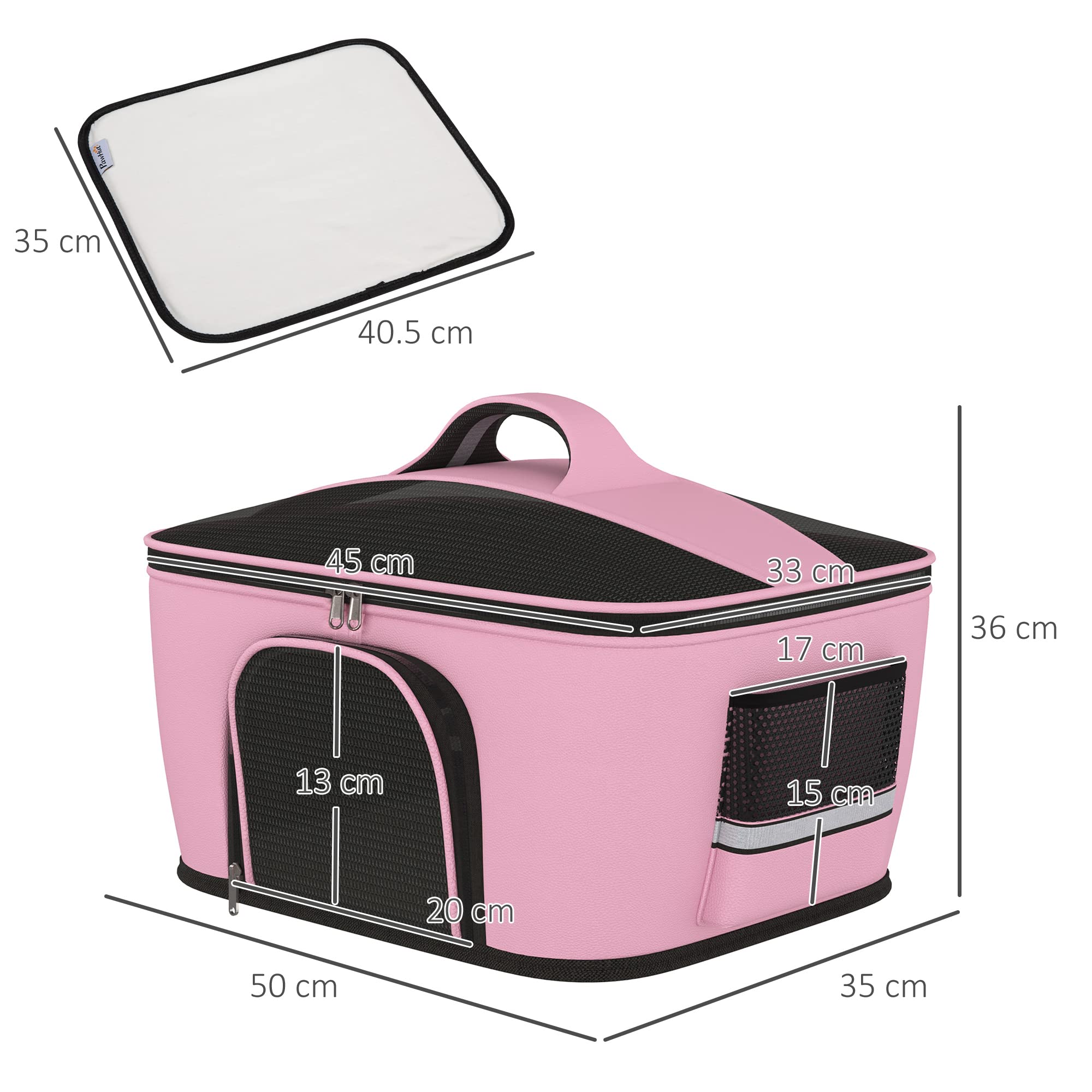 PawHut Trasportino per Gatti e Cani con 2 Porte a Cerniera, Borsa per Cani con Tasche e Cuscino, 50x35x36cm, Rosa