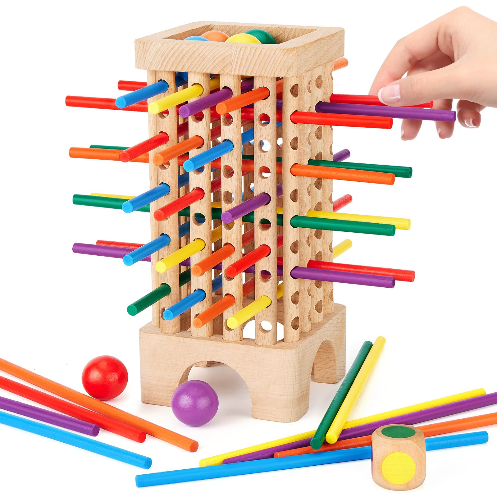 Montessori Spiel Brettspiel aus Holz, 42 Bunte Holzstäbchen Spiele ab 3 Jahren Würfelspiel, Mathe & Feinmotorik Spielzeug, Lernspiele ab 3 4 5 6 Jahre, Familienspiel Reisespiel für Kinder Geschenk