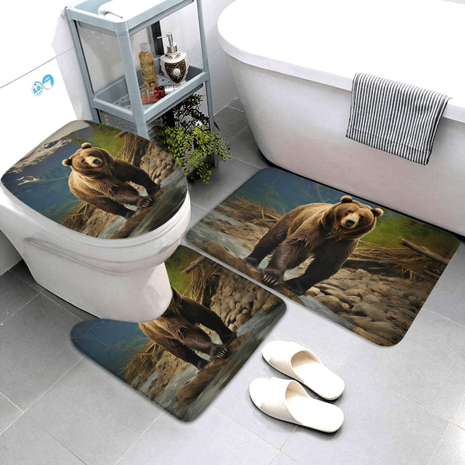 Dwrepo Brown Bear Print Bathroom Rug Set 3 Piece with Non-Slip U-Shaped Contour Mat and Toilet Lid Cover for Bathroom Decoration