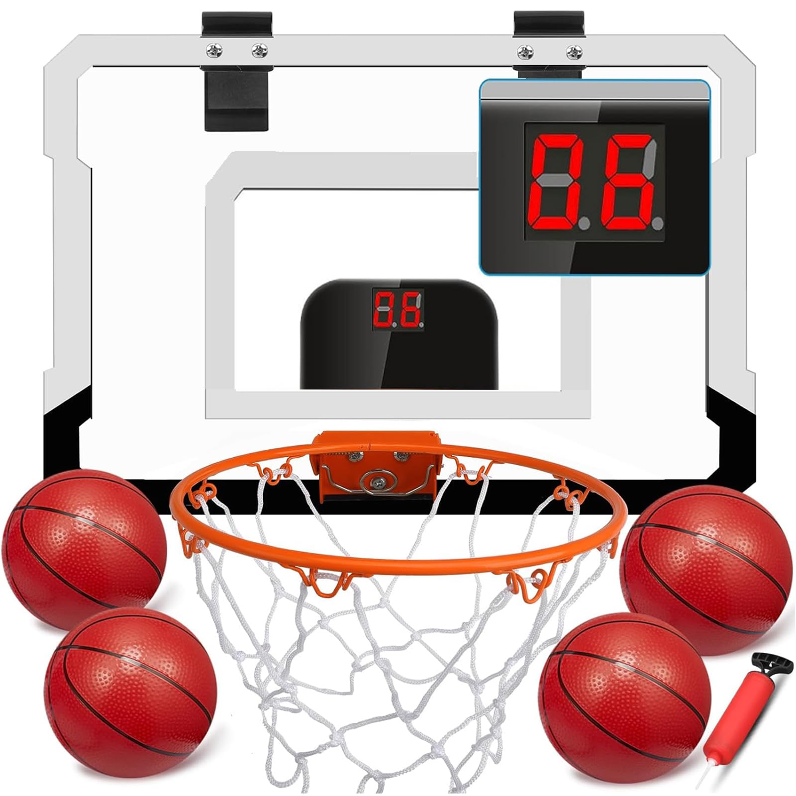 Pro Indoor Mini Basketball Hoop Set Gift for Kids Adults, Over Door Automatic Scoring Basketball Hoop with 4 Rubber 6" Balls, Wall Mount Basketball