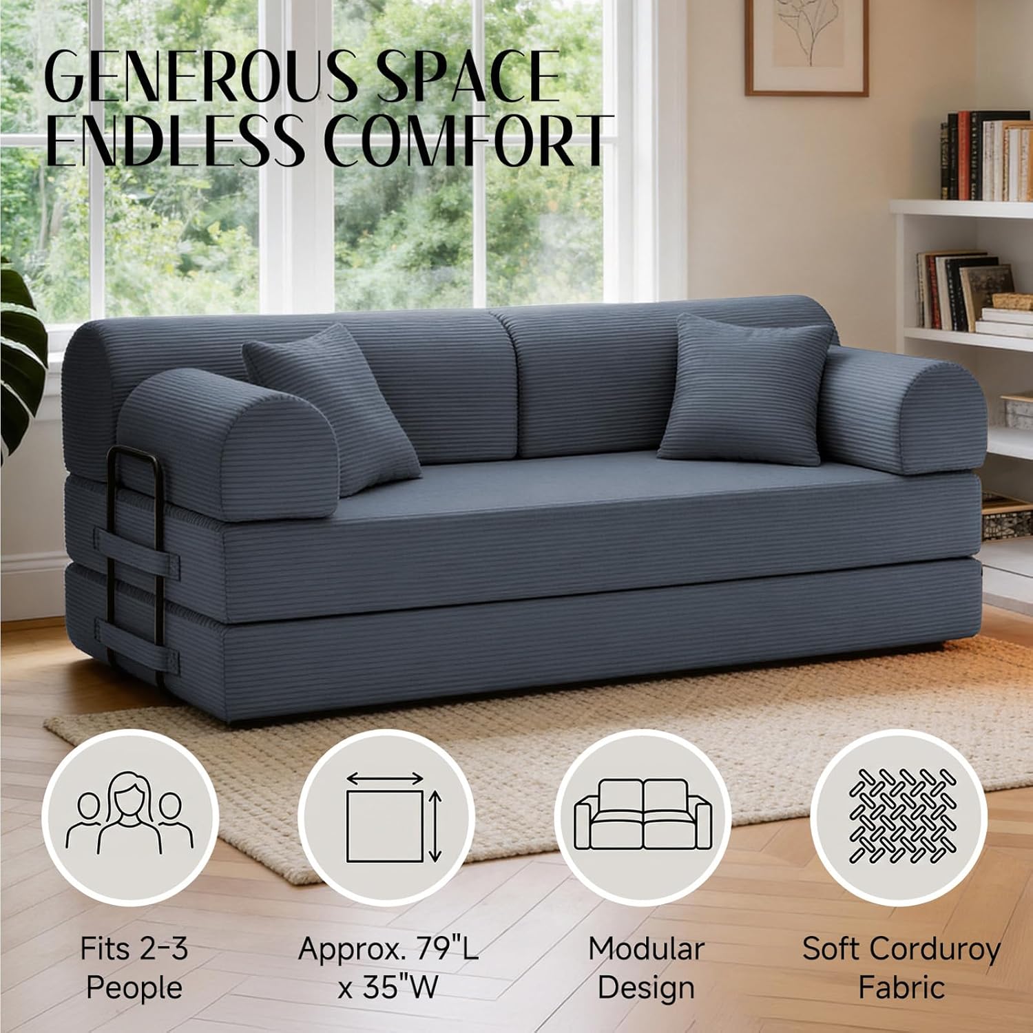 SAVENICA 79'' Convertible Sofa Bed, 6-in-1 Folding Floor Couch Sleeper with Reinforced Frame, Corduroy Modular Futon with Armrests & Pillows, No Assembly, Space-Saving for Apartment (Dark Gray)