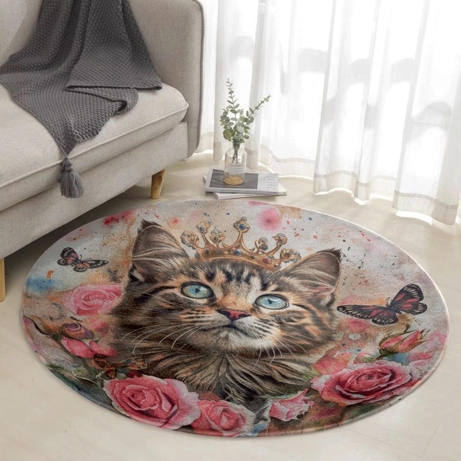 Tapis chat orange mignon rond 100cm pour salon et terrasse