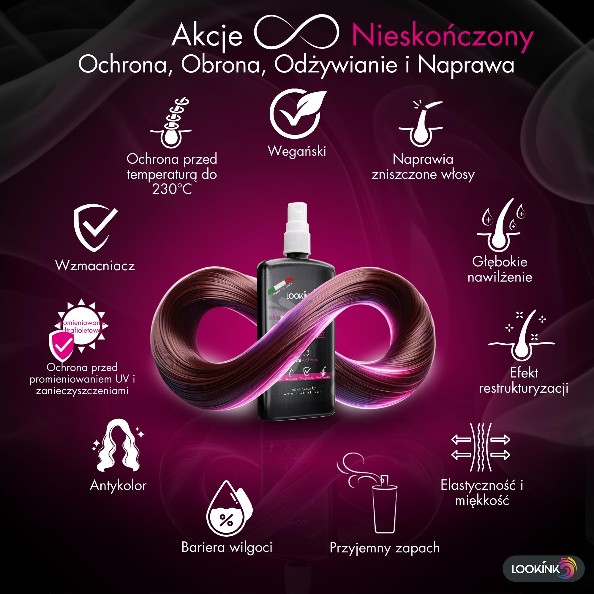 Ochrona włosów w pozostawianiu 100 ml - profesjonalna ochrona przed przegrzaniem włosów - ochrona przed ciepłem w temperaturze 230°C i UV, przeciw puszeniu, przeciw zapachom i wilgocią, nawilża,