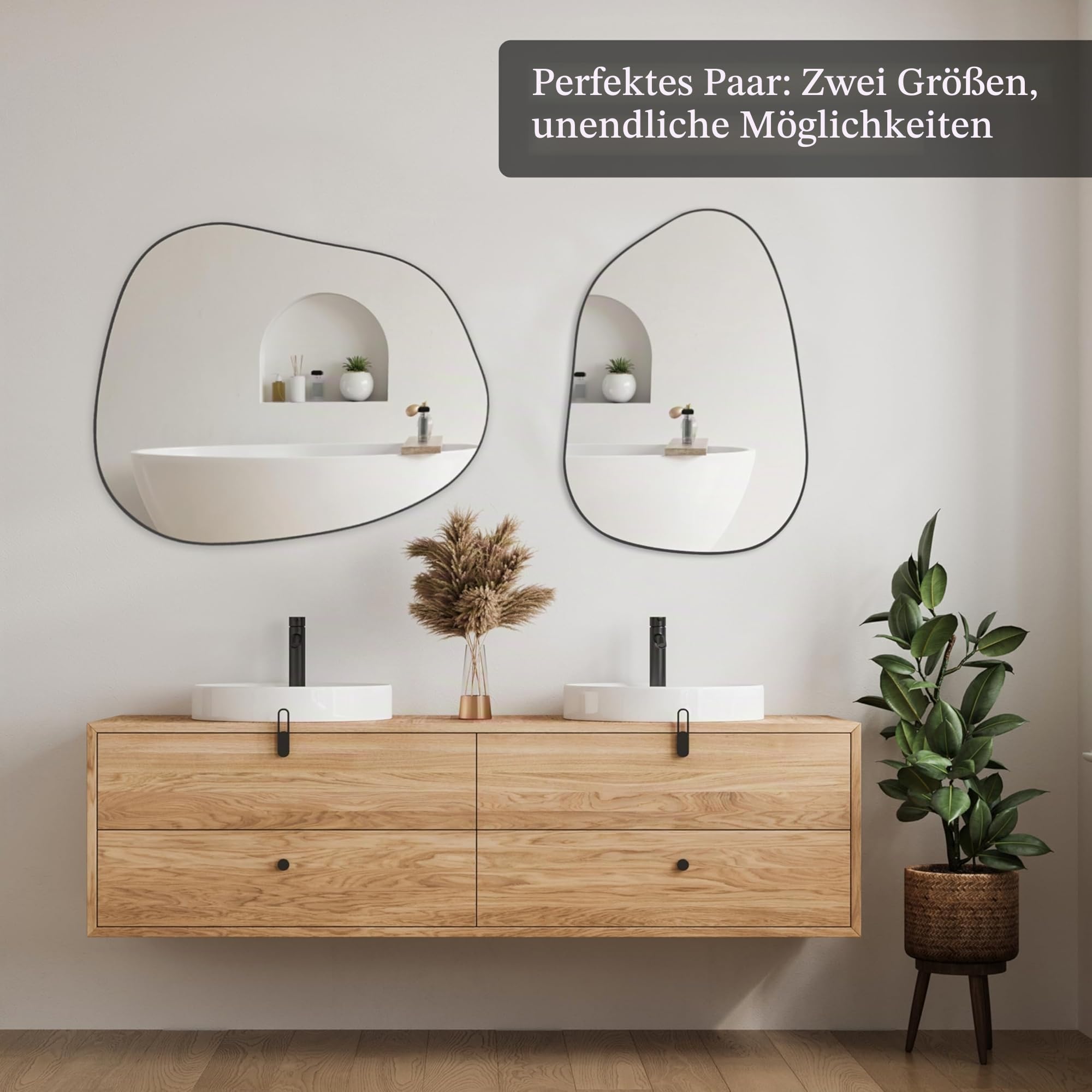 PERFNIQUE Asymmetrischer Spiegel 69 x 48 cm, Schwarz Unregelmäßiger Wandspiegel, Modernes Dekorativ für Wohnzimmer, Badezimmer, Schlafzimmer, Eingangsbereich