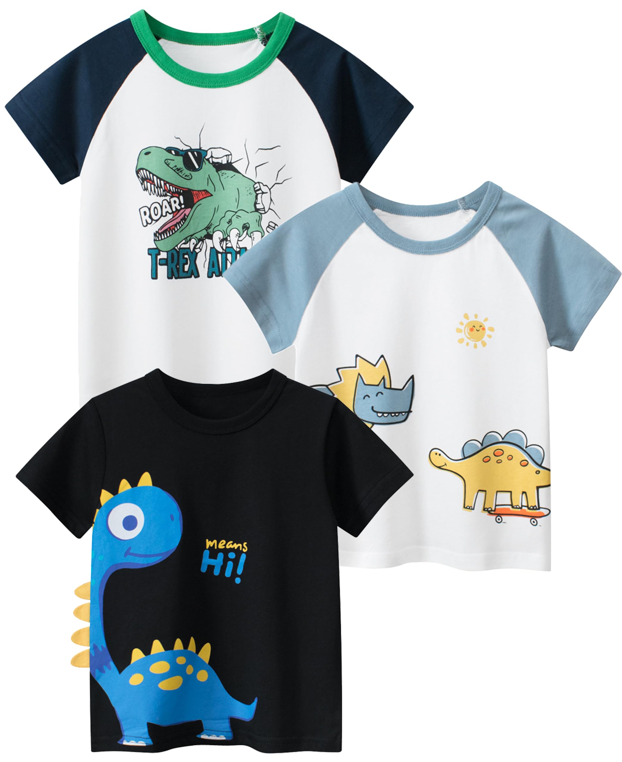 Fhowoh 3 Pack Toddler Boys T-Shirts Kids Short Sleeve Crewneck Summer Basic Tee Tops 2-8 Years
