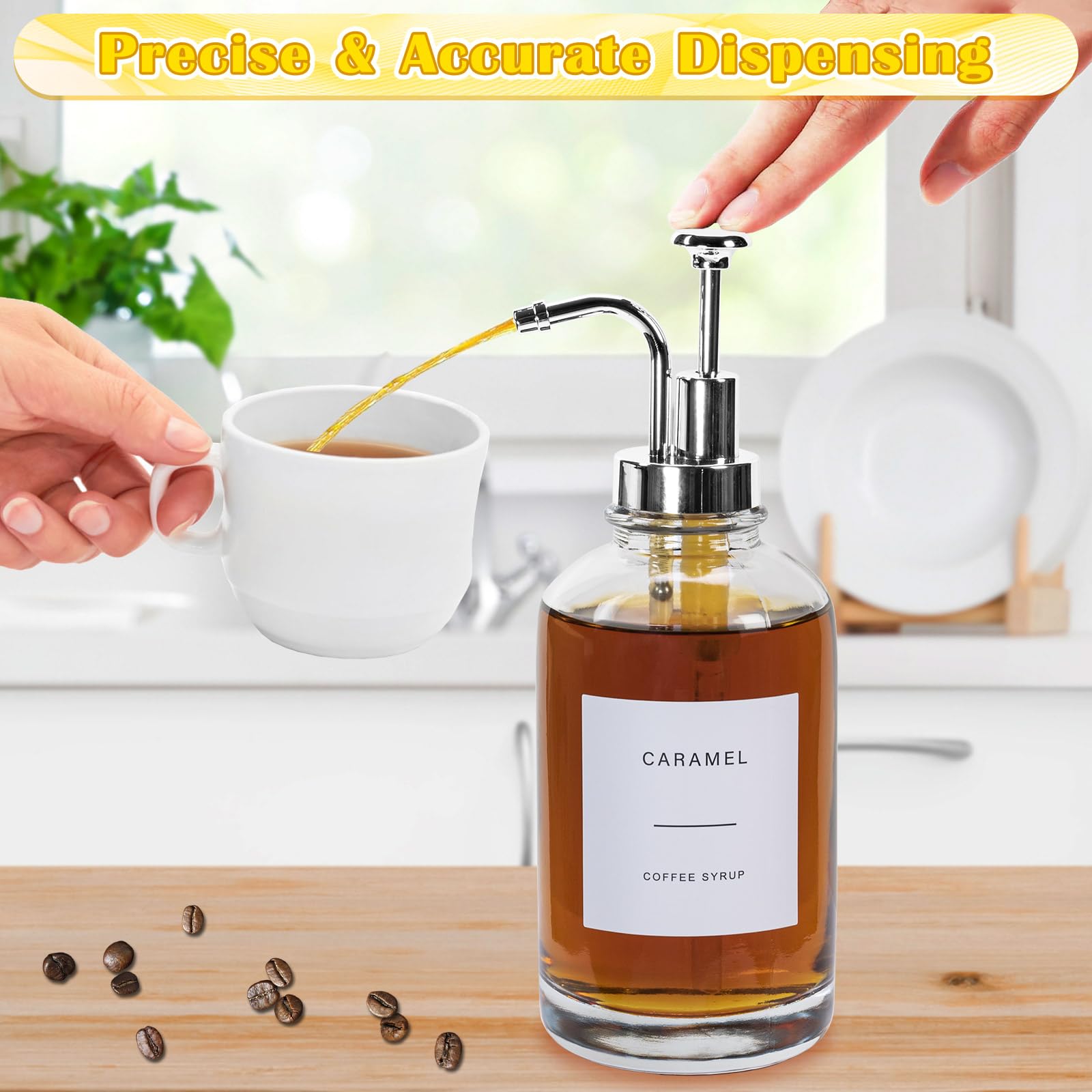 Dispenser per sciroppo di caffè, 500 ml, bottiglia in vetro per sciroppo, 4 dispenser con pompa, contiene 36 etichette e scovolino, imbuto, vassoio (confezione da 4)