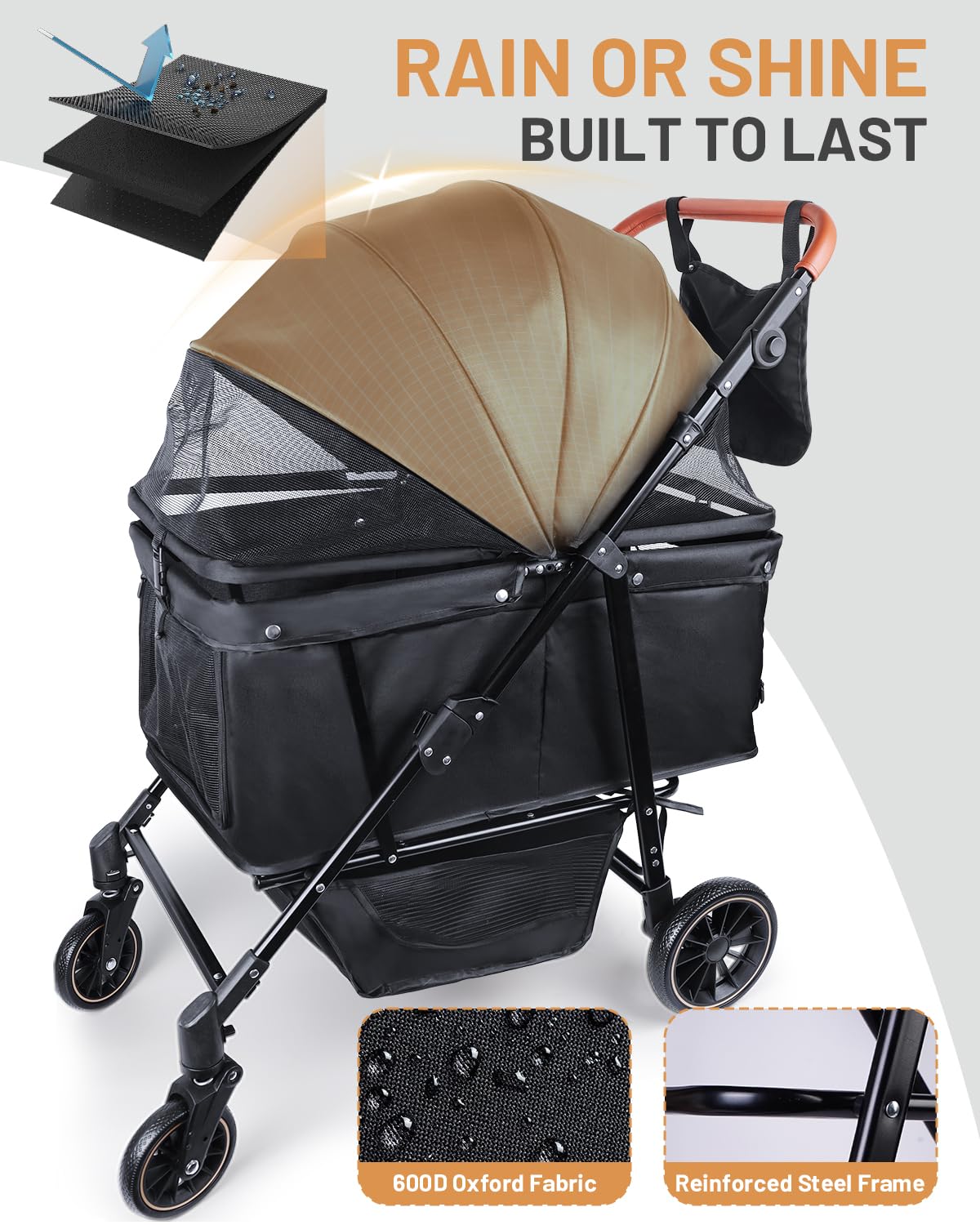 Dog Stroller for Large & Medium Dogs (20–132 lbs), Pet Stroller for 2 Small Dogs with Adjustable Handle & Canopy, Sun Shades, Storage Organizer, Foldable & Ventilated,Black - Image 5