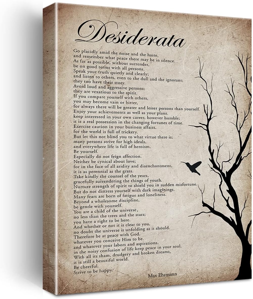Positive Desiderata Poem Wall Art Canvas Print Vintage Poster Framed Motivational Minimalist Modern Painting for Home Wall & Tabletop Decor