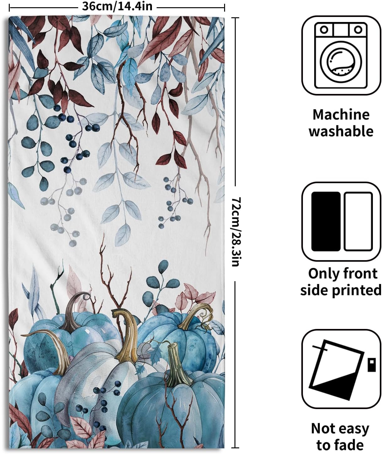 Fall Hand Towels Set of 2 Teal Blue Pumpkin Hand Towels Fall Thanksgiving Harvest Dish Towel Autumn Fall Decorative Hand Towel for Bathroom 14"x28" Absorbent Tea Towels for Home Kitchen Bathroom - Image 2