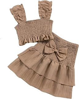 Girl's Summer 2 Pieces Outfit Shirred Cami Tops and High Waist Ruffle Hem Skirt Set
