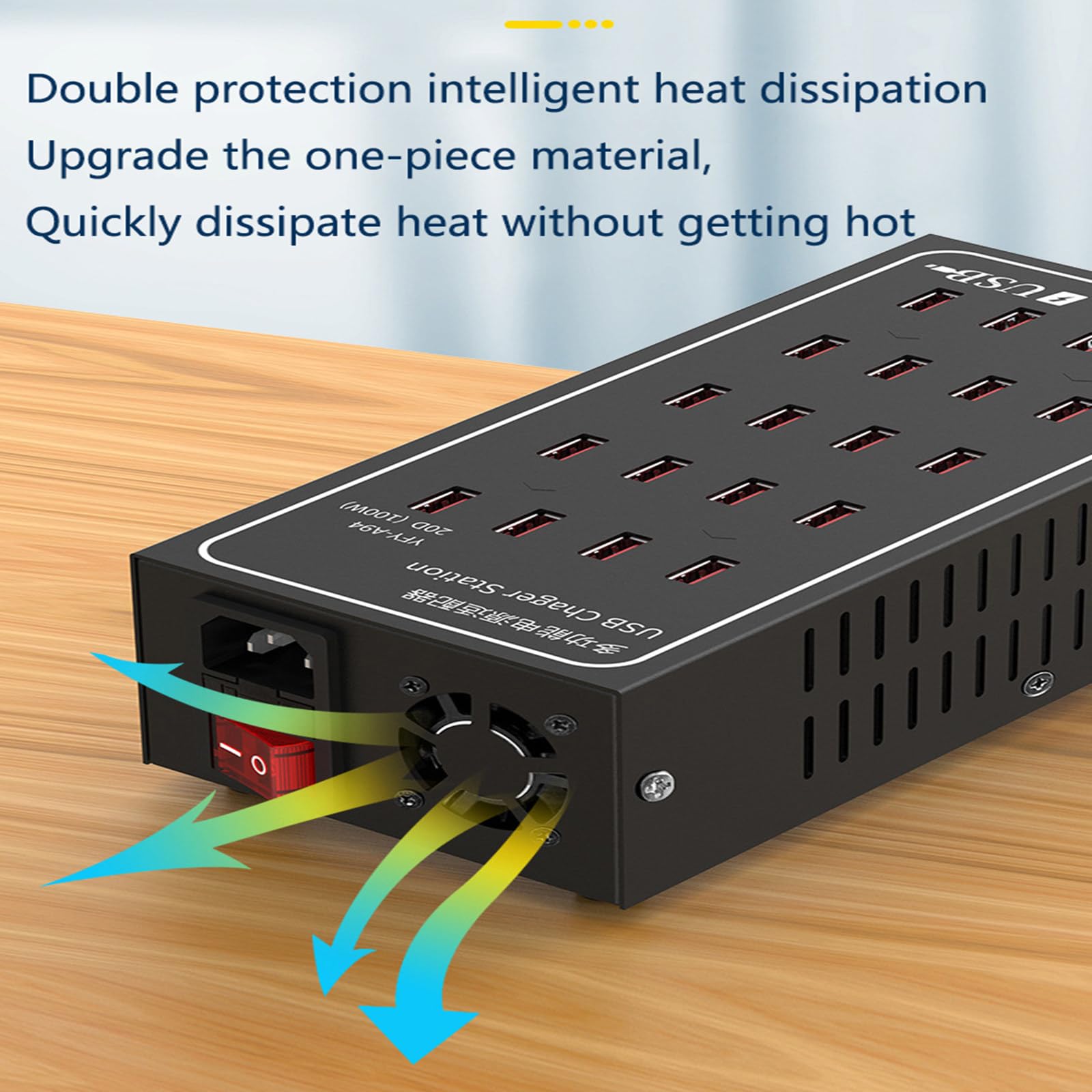 Cargador multipuerto de aleación de Aluminio, Fuente de alimentación de 100 W, Cargador multipuerto de 20 Puertos, protección contra Fugas, disipación de Calor Inteligente, 10 USB