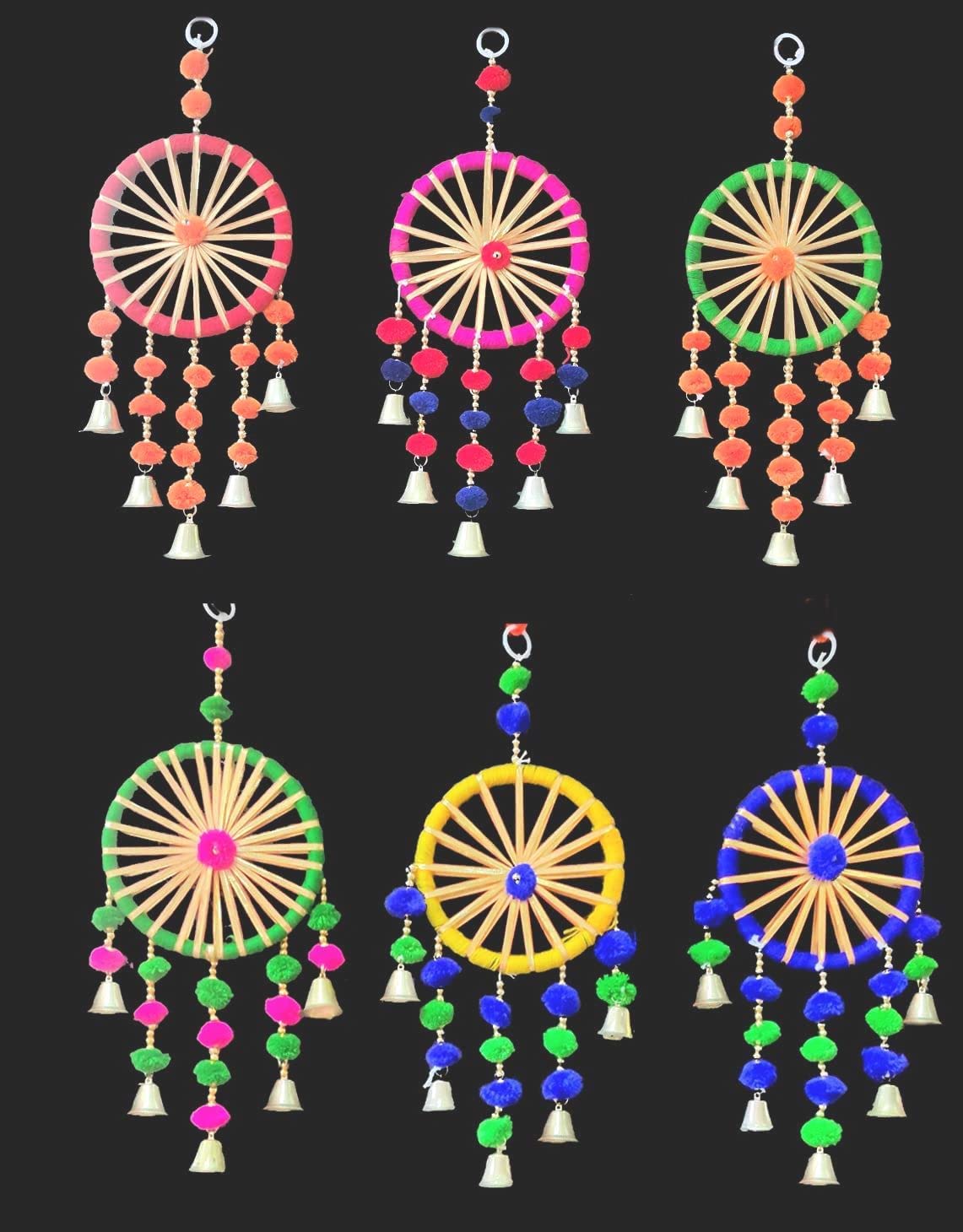 Multicolored Gota Pom Pom Dream Catchers with Bell Diwali Decoration, Indian Wedding Decor, Mehndi Decor, Bollywood Theme Party, Holi Party (Pack of 5)-image-15