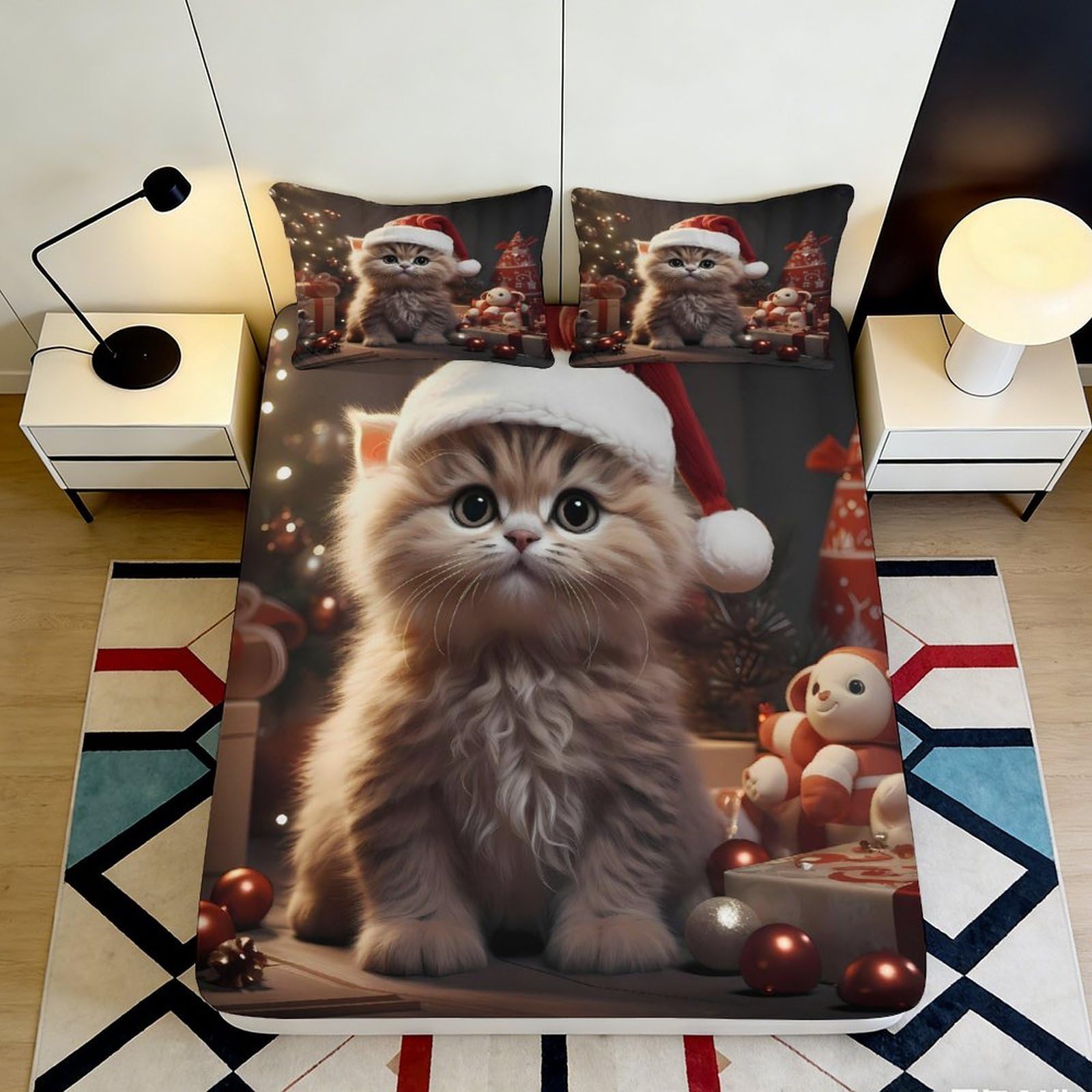 3D Printed Christmas Cat Fitted Sheet Microfiber Deep Pocket Bedroom Bedding Christmas Cat Mattress Fitted Cover Non-Slip Wrap 90x200x25cm