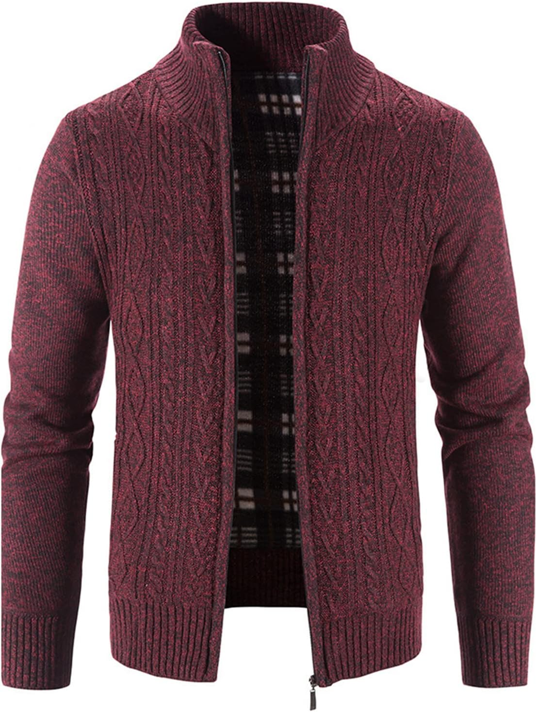 Lu's Chic Men's Long Sleeve Cardigan Zip Up Cable Knit Sweater Cozy Slim Fit Cardigan Sweater Fleece Lined Winter Pockets