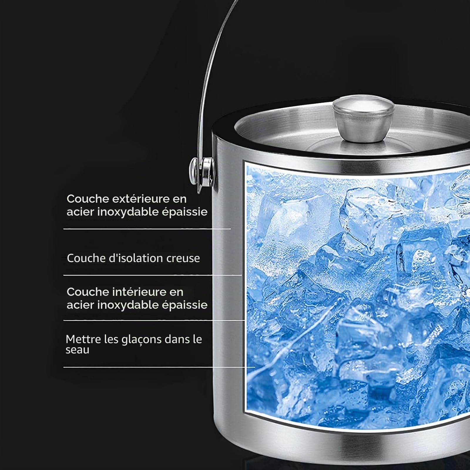 Bac à glaçons rond avec tamis et pince à glace, bac à glaçons de 2 l, seau à glace en acier inoxydable, seau à glace avec pelle, refroidisseur à glaçons pour bar, pour refroidir la bière, le champagne