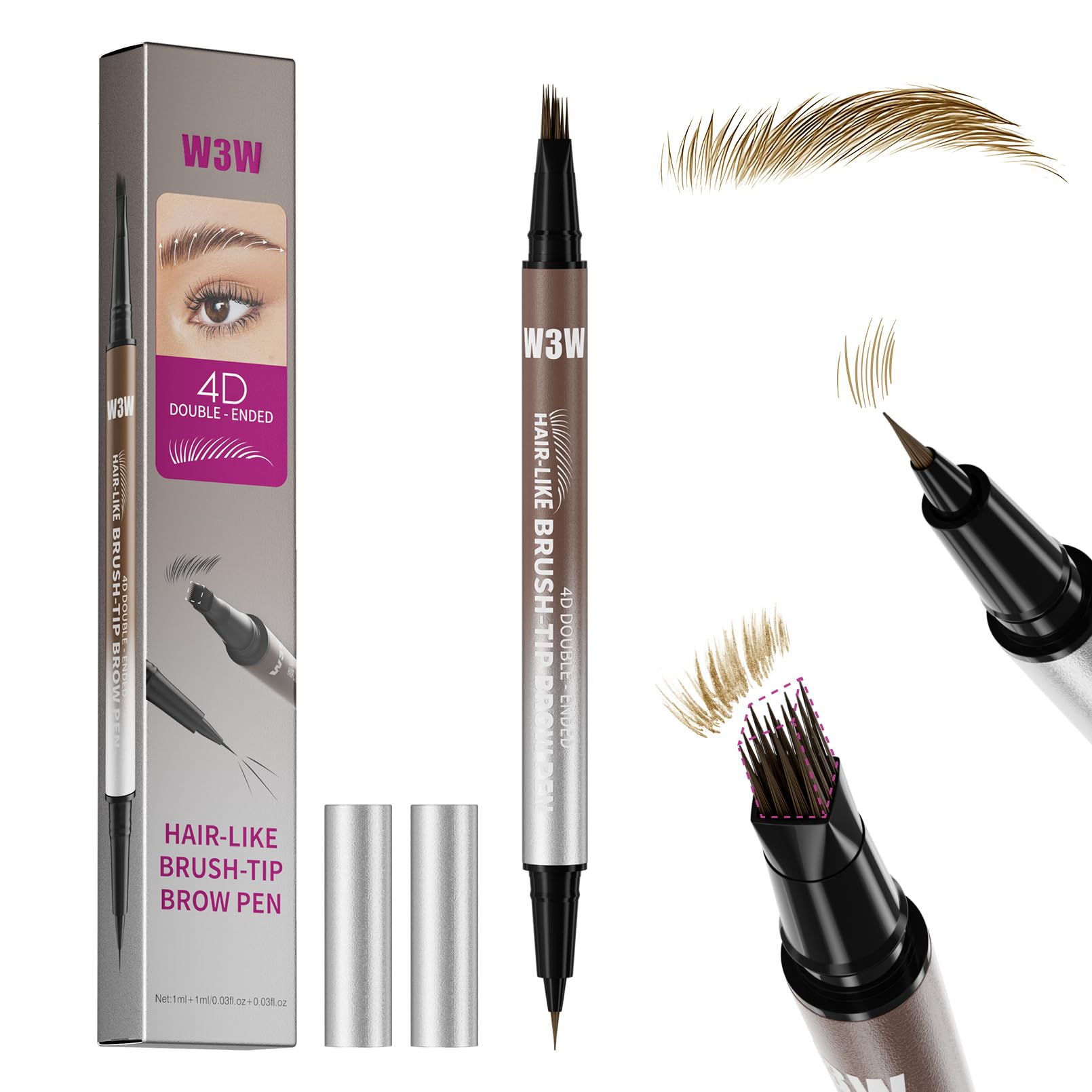 Eyebrow Pencils for Women, W3W 4D Dual-Ended Brow Pen, Angled Square Tip + Ultra-Fine Brush Tip, Waterproof Smudge-Proof, Natural Hair-Like Strokes, Light Brown (Taupe/Soft Brown) 1PACK LIGHT BROWN 0.06 Fl Oz (Pack of 1)