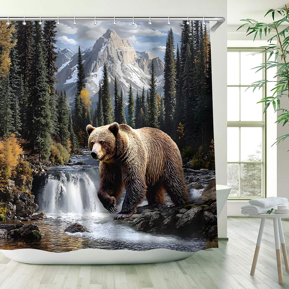 Rustic Bear Shower Curtain Misty Forest Mountains Wildlife Farm Jungle Rainforest Waterfall Stream River Rock Natural Landscape Bathroom Decor Polyester Fabric Curtains with Hook 80Wx70H Inches