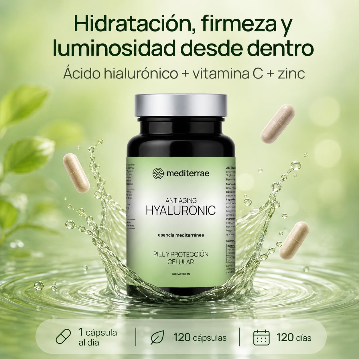 Ácido Hialurónico Cápsulas 120 Días | Piel Firme, Hidratación, Elasticidad y Luminosidad | Con Vitamina C + Zinc | Cápsulas Veganas y Protección Celular