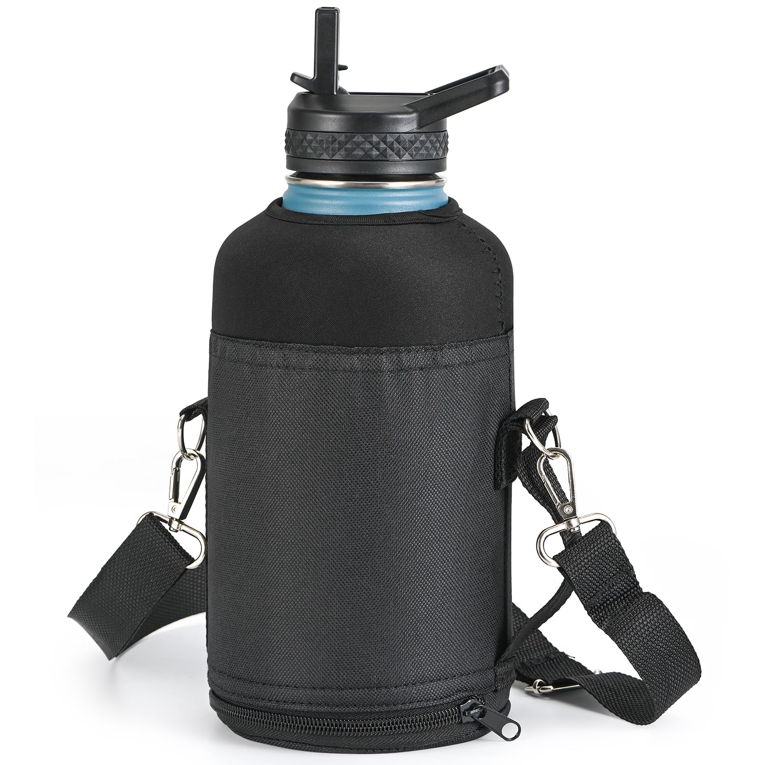 Water Bottle Holder Carrier Bag Crossbody with Adjustable Shoulder Strap, 64 128 oz Sports Water Bottle Sleeve Accessories for Biking Hiking Travelling Camping, Black