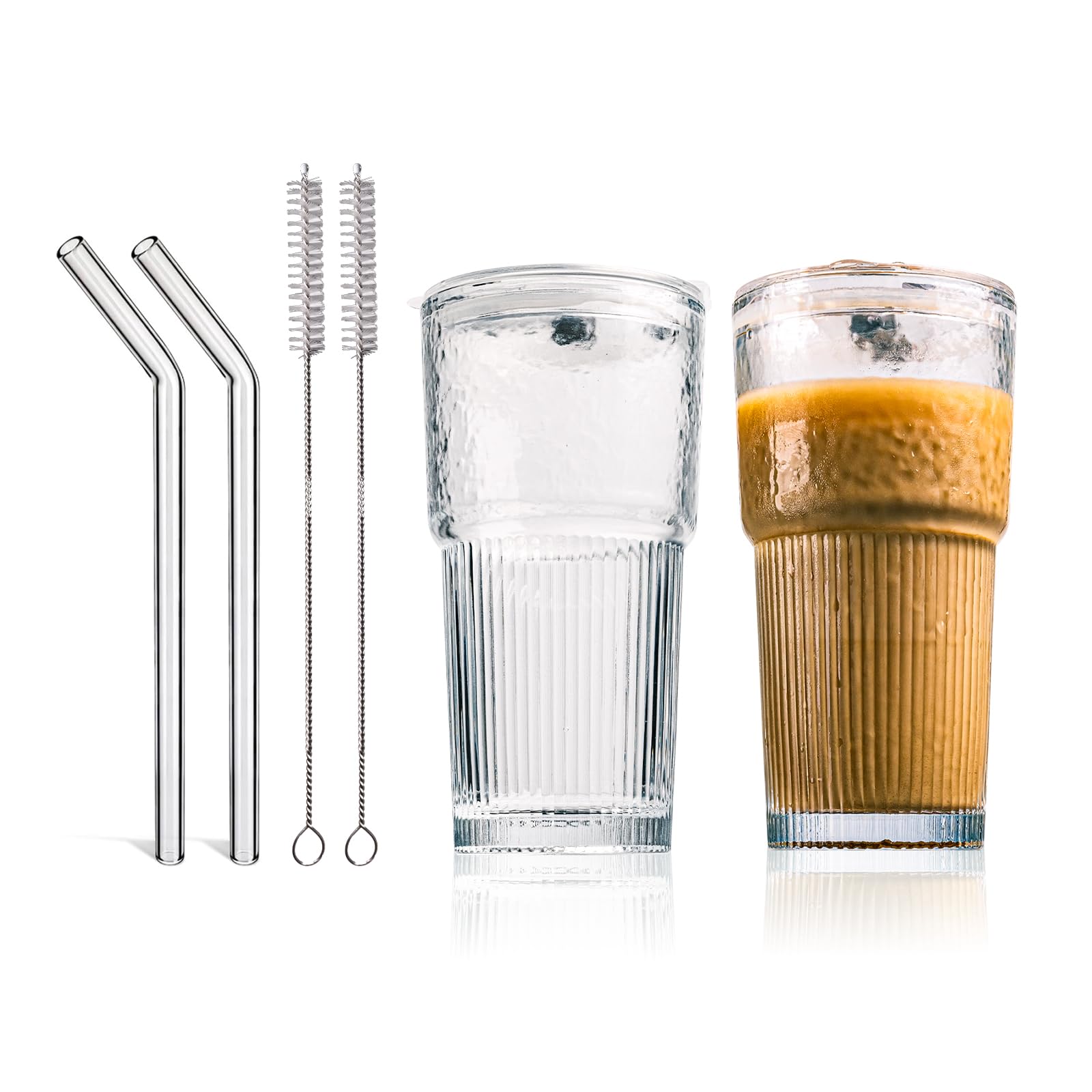 Stylish 20oz Frosted Glass Tumblers with Lids and Straws for Iced Beverages - Vintage Ribbed Design - Ideal for Coffee, 