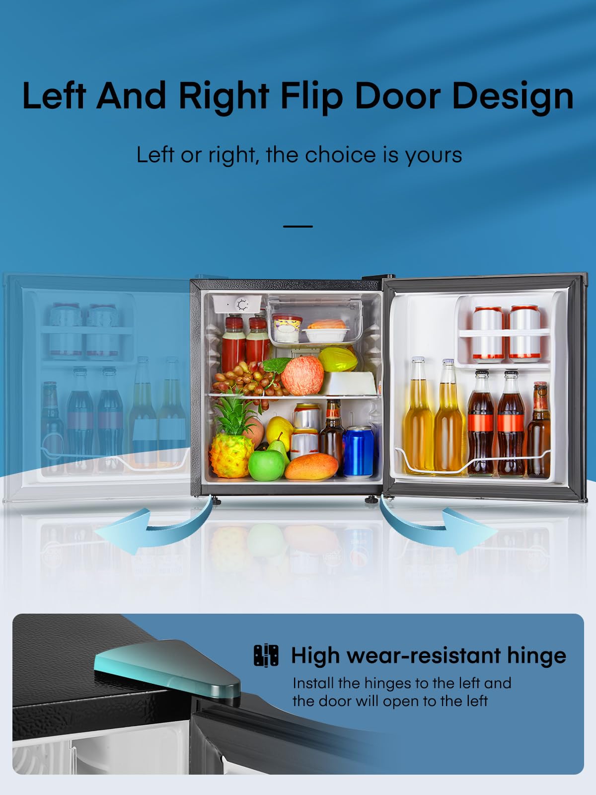 FOHERE Mini Frigorífico Bar 46L, Nevera Pequeña Silencioso, Control de Temperatura Regulable, Mono Puerta, Puerta Reversible, Bajo Consumo para Aplicaciones en Hotel, Hogar, Oficina, Negro