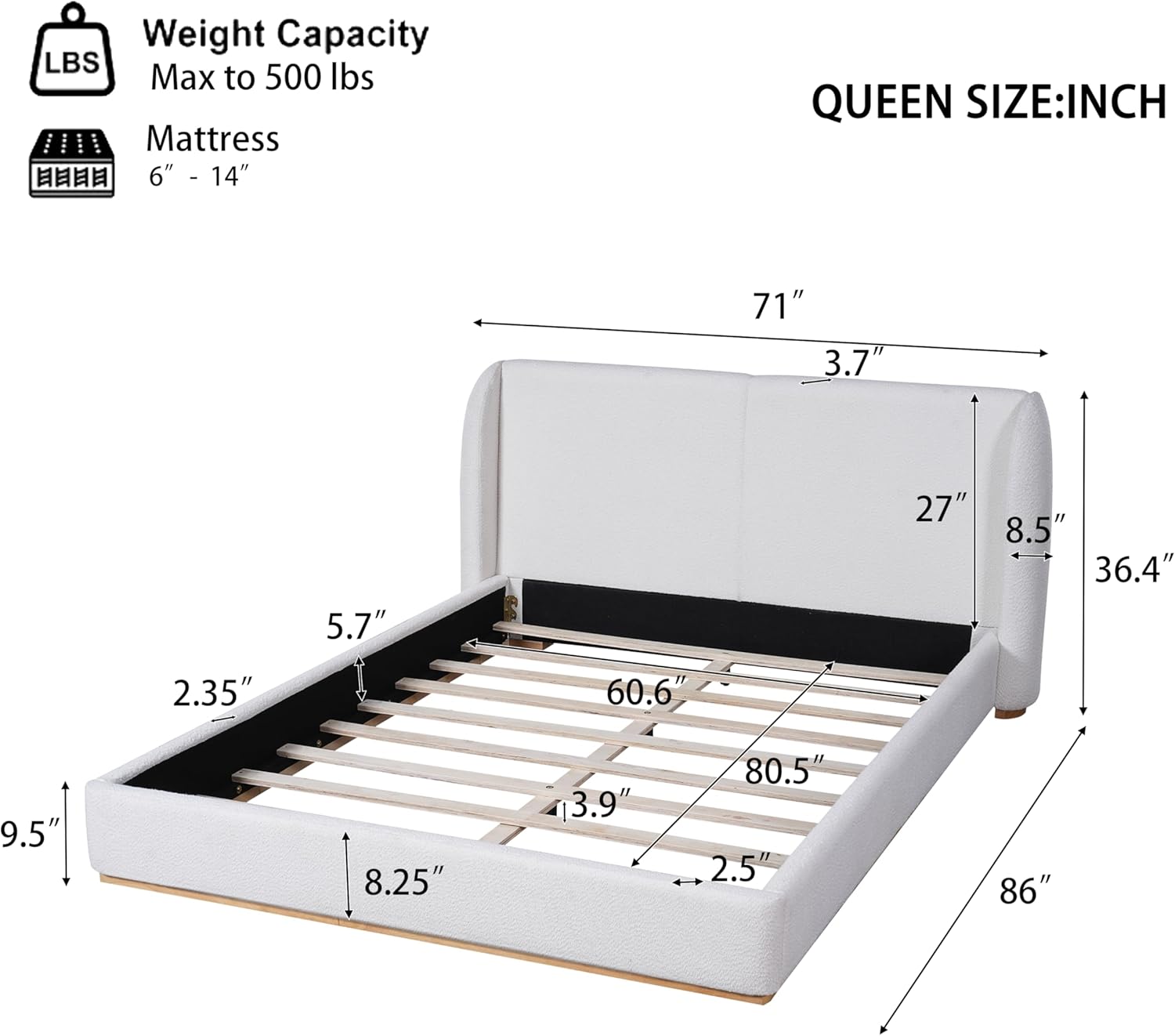SOFTSEA Queen Size Upholstered Floor Bed Frame, Boucle Fabric Floor Bed with Thick Wingback Headboard, Modern Low-Profile Platform Bed Frame with Wooden Slats for Bedroom, White