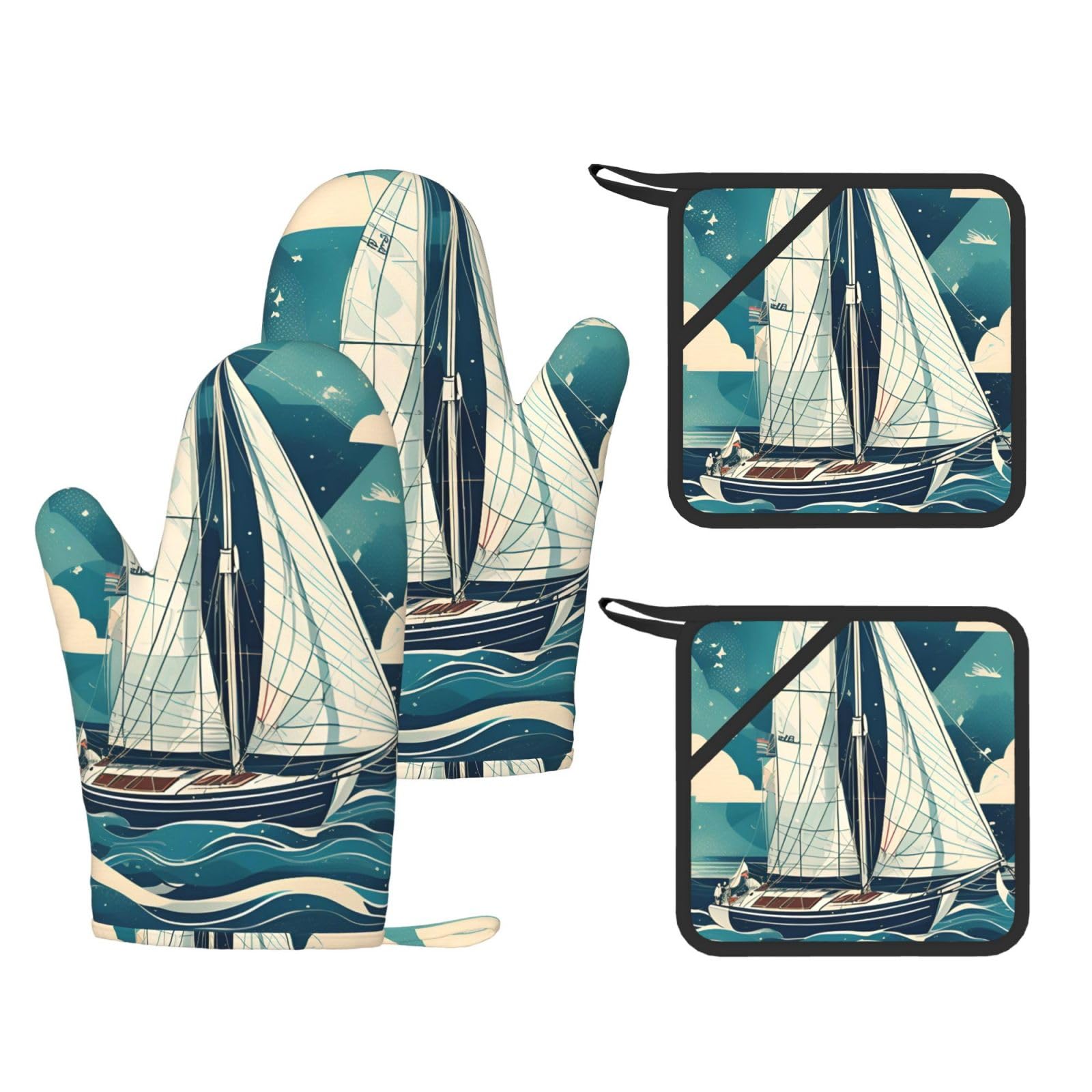 Nimongt Black Ocean Sailboat Print Heat Resistant Gloves Pads Reusable Kitchen Set Oven Baking Grilling Cooking