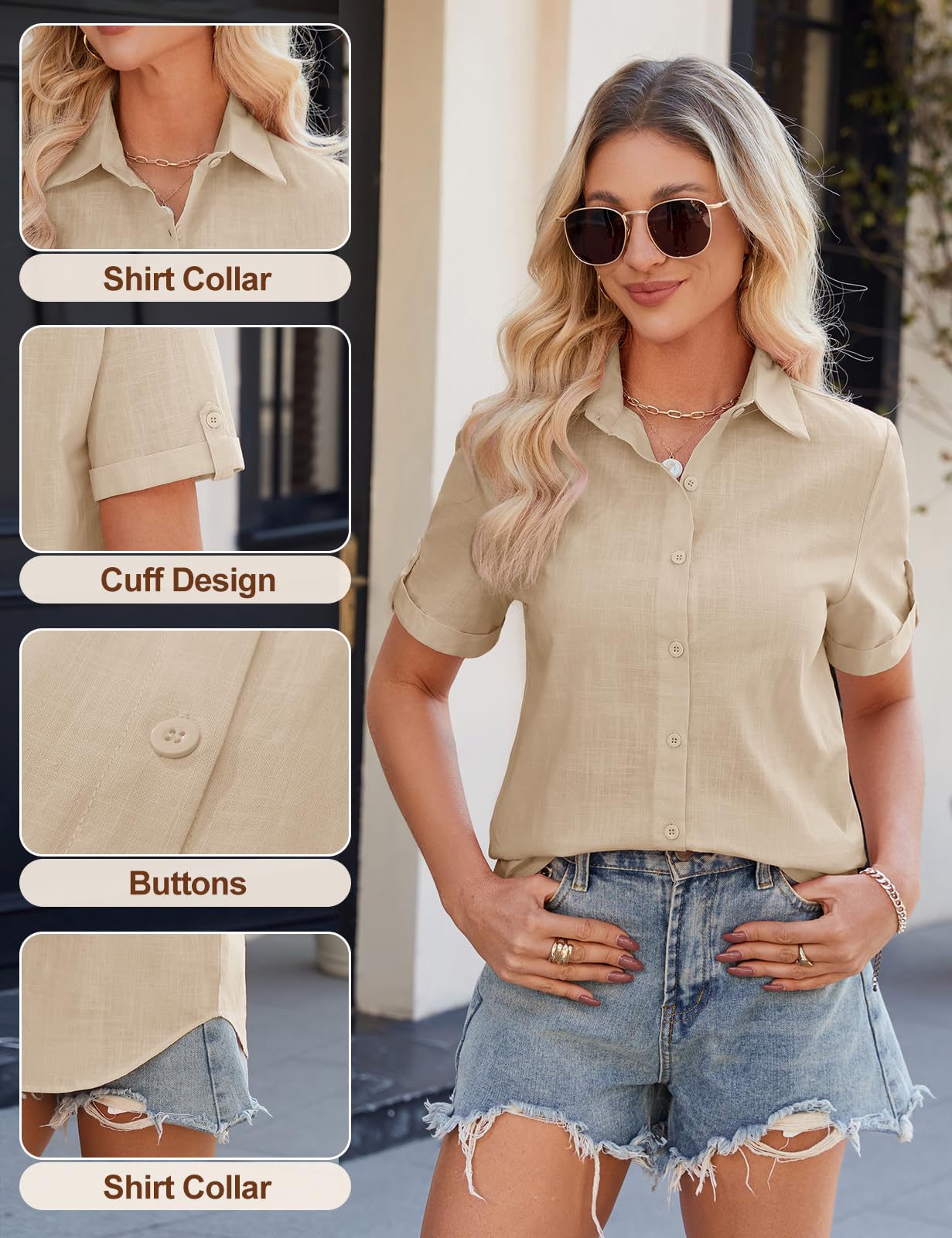UMIPUBO Camicia Donna Cotone Estiva Elegante Manica Corta Scollo a V con Chiusura a Bottoni Versatile Casual Lavoro Morbida Traspirante Camicetta Top