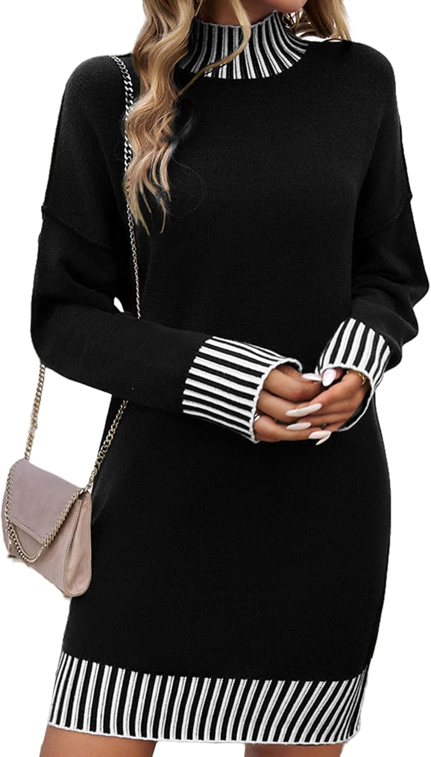 Color Block Sweater Dress for Women Mini - Long Sleeve, Mock Neck, Short Knit Dresses, Casual Fall Dresses X-Large Black