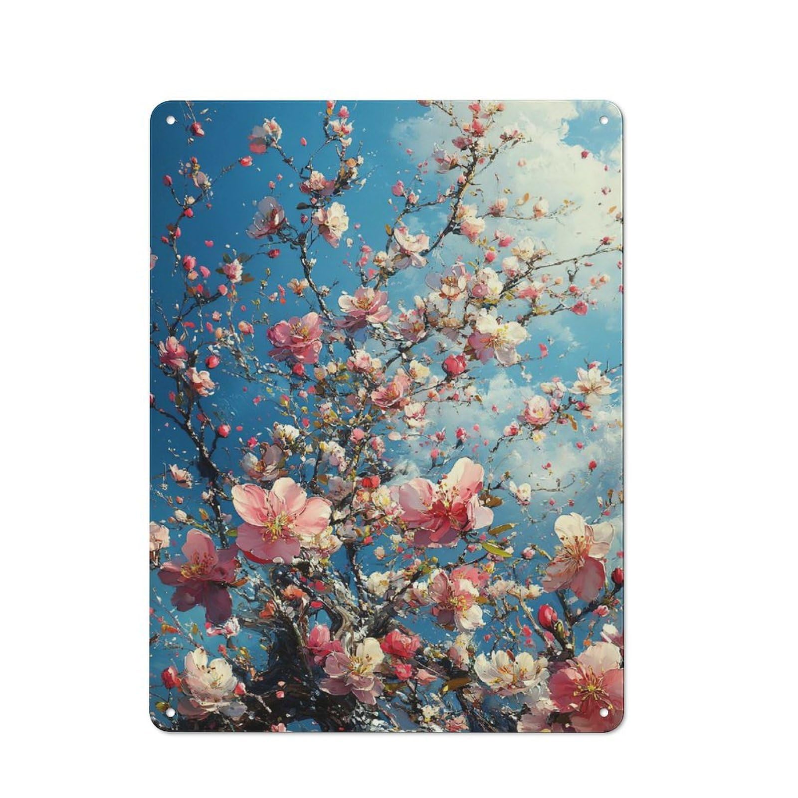 Junmoney Style-17 Country Style Kitchen Metal Sign 40X30cm Featuring Cherry Blossoms Against Blue Sky Painting, Diner Style Decor For Kitchen, Cafe, Pantry Or Dining Room