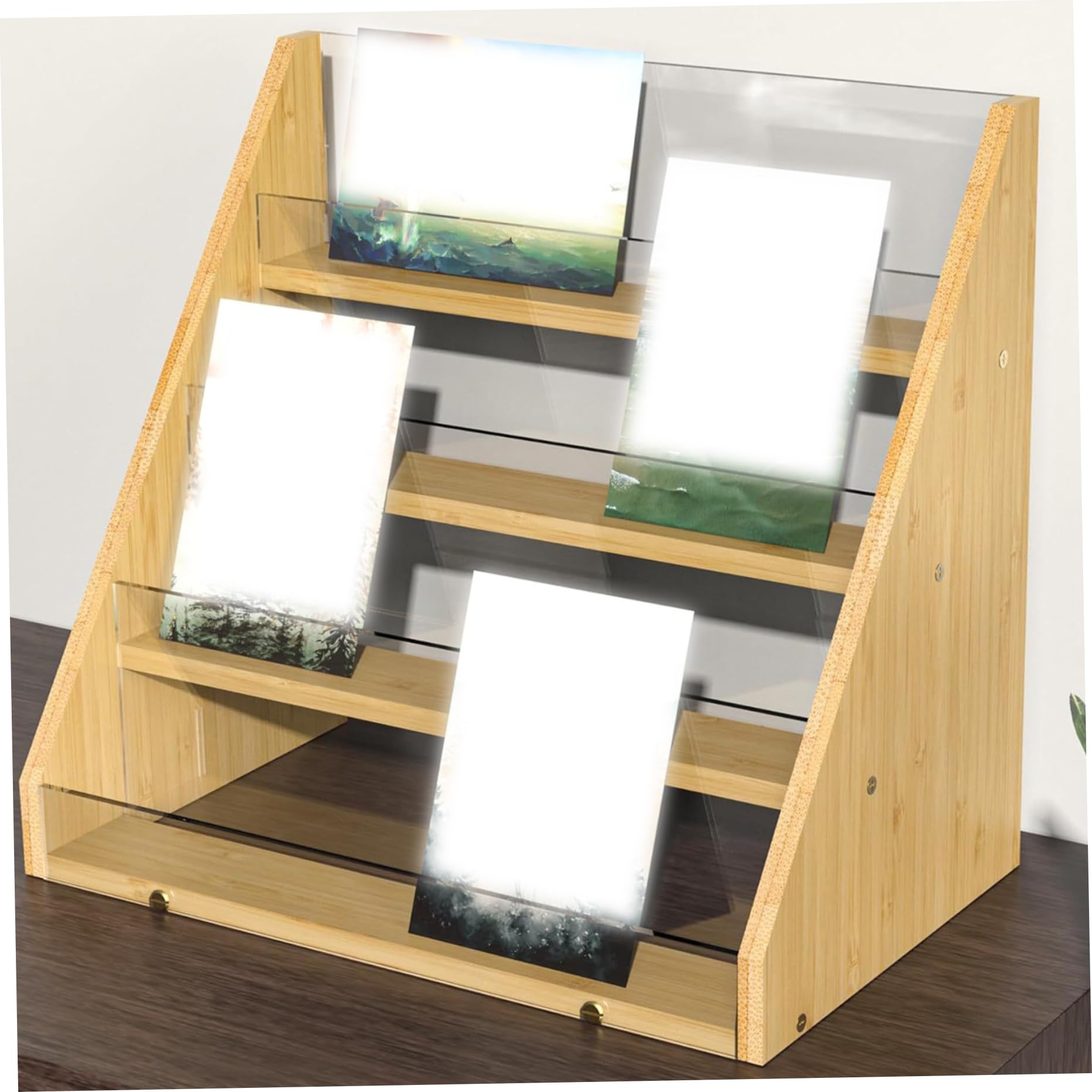 Stand d'affichage de la carte de voeux, support de cartes de voeux stand à 4 niveaux Natural Bamboo Greeting Carte Organisateur Multi-Purpose Greeting Carte Holder pour carte postale, photo, autocoll