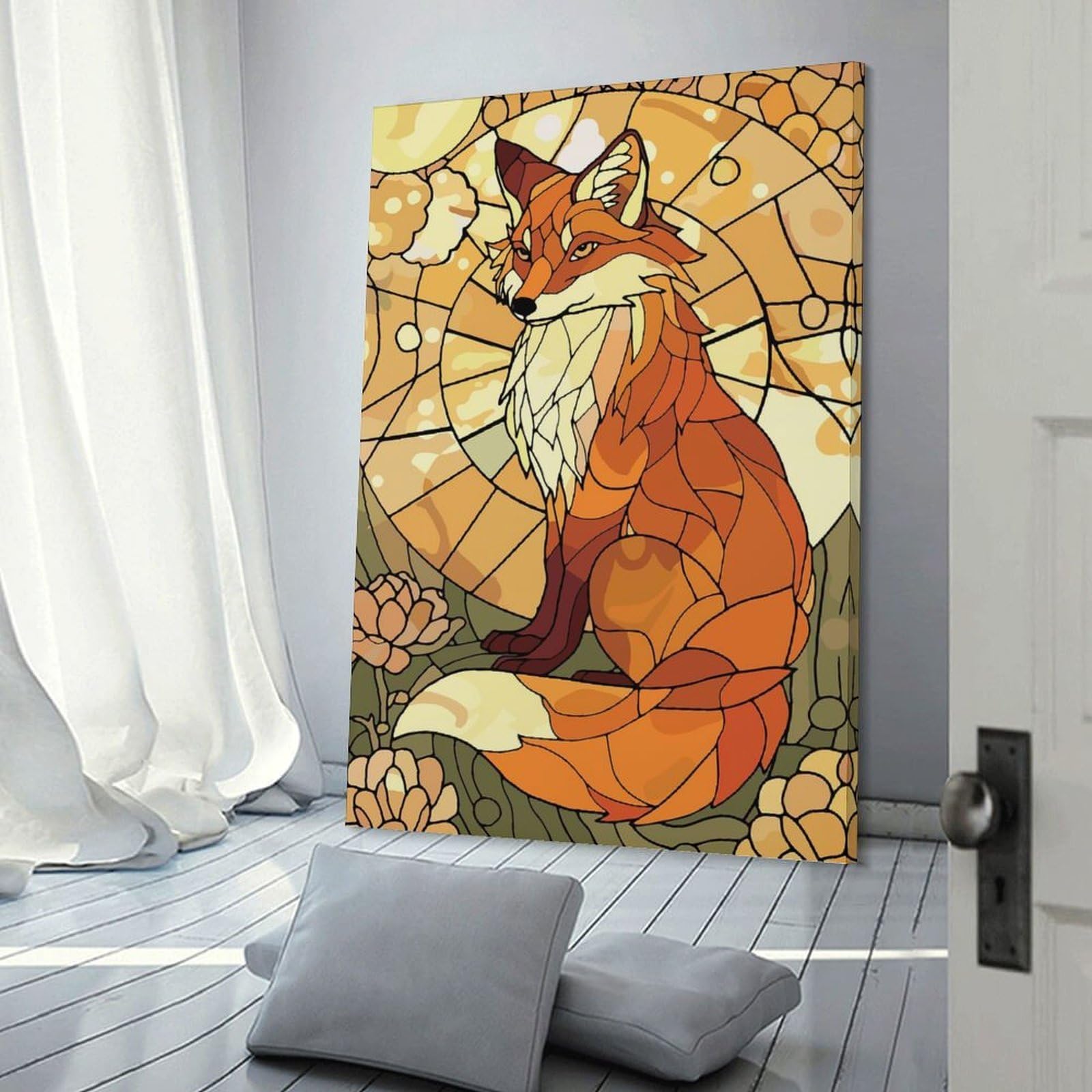 Junmoney Stained Glass Fox with Floral Background Wall Art Print, 16x24inch(40x60cm), for Bedroom Decor, Cosy Corners Or Studios, Decorative Wall Art for Cosy Rooms